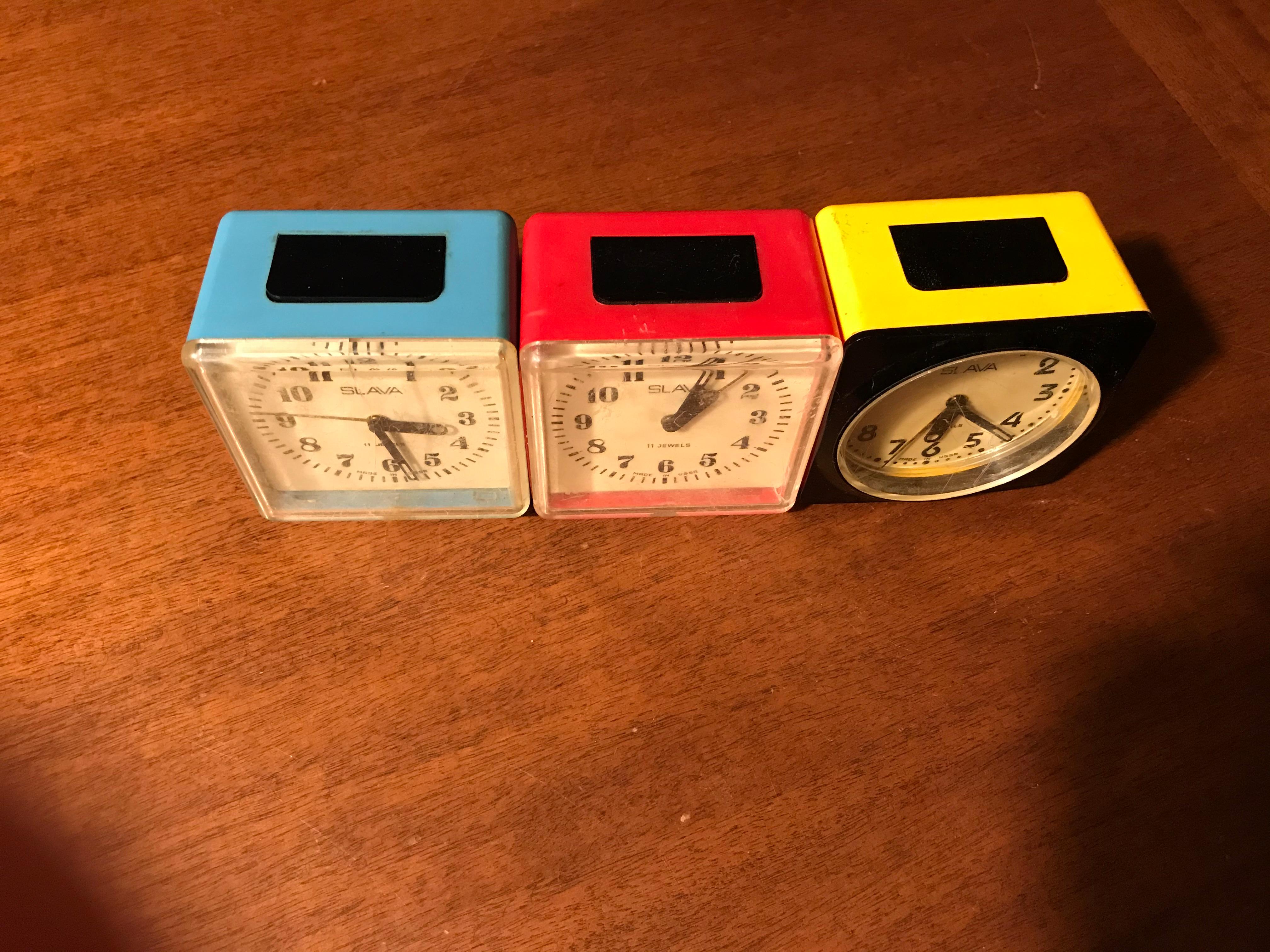 Mid-20th Century Vintage Alarm Clock Slava, Plastic Case, Made in USSR, Set of 3 For Sale