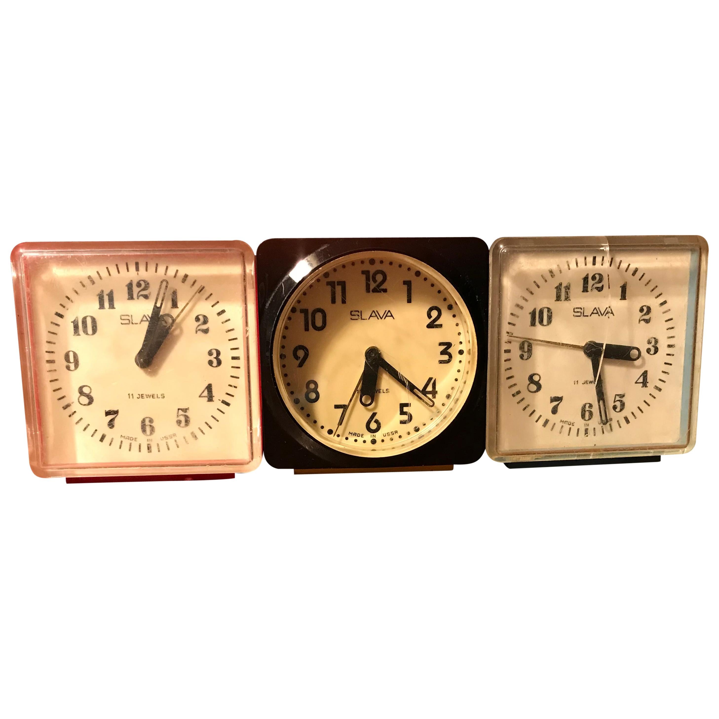 Vintage Alarm Clock Slava, Plastic Case, Made in USSR, Set of 3 For Sale