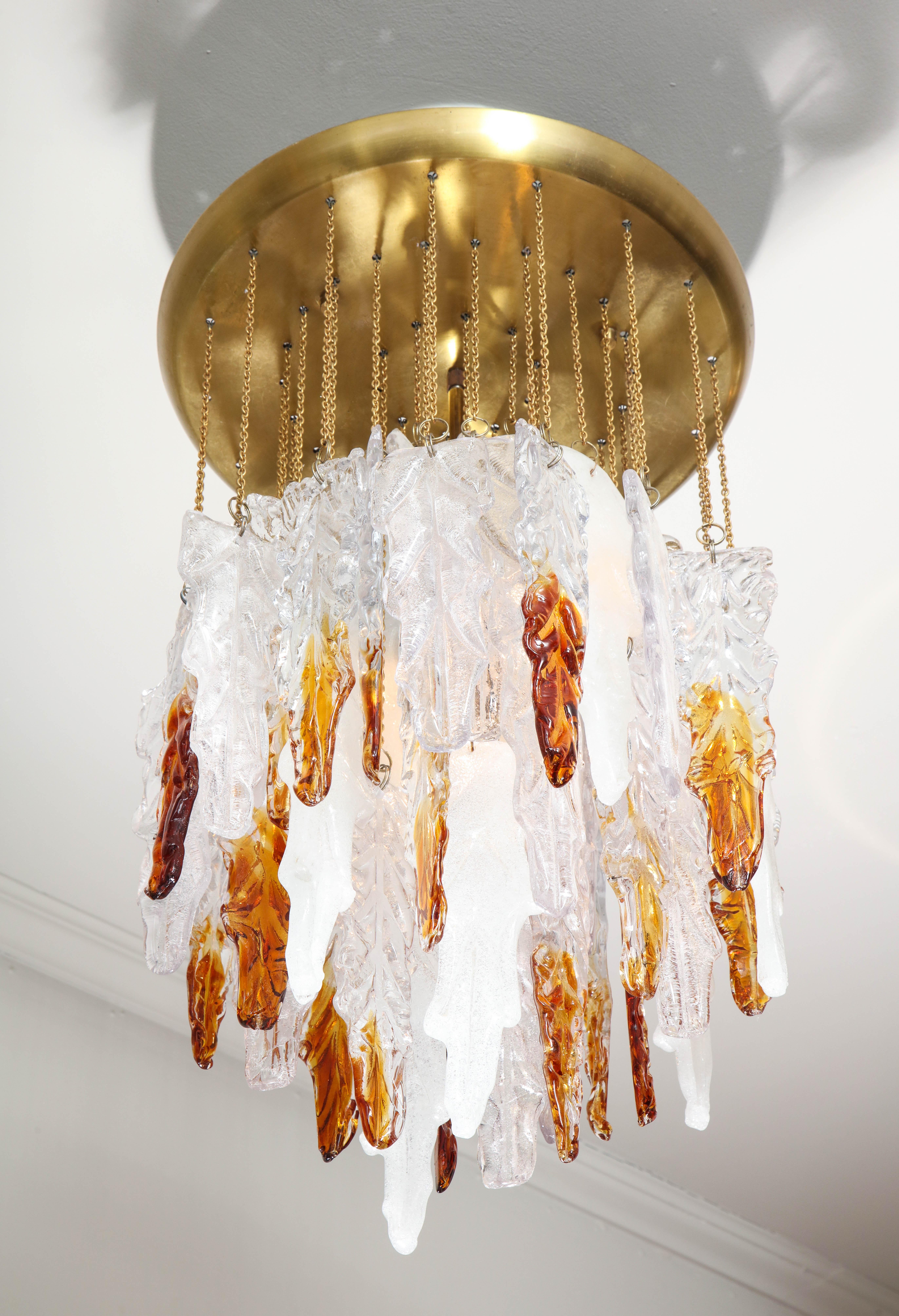Italian Vintage Albano Poli Clear, Frost and Amber Poliarte Leaf Glass Chandelier For Sale