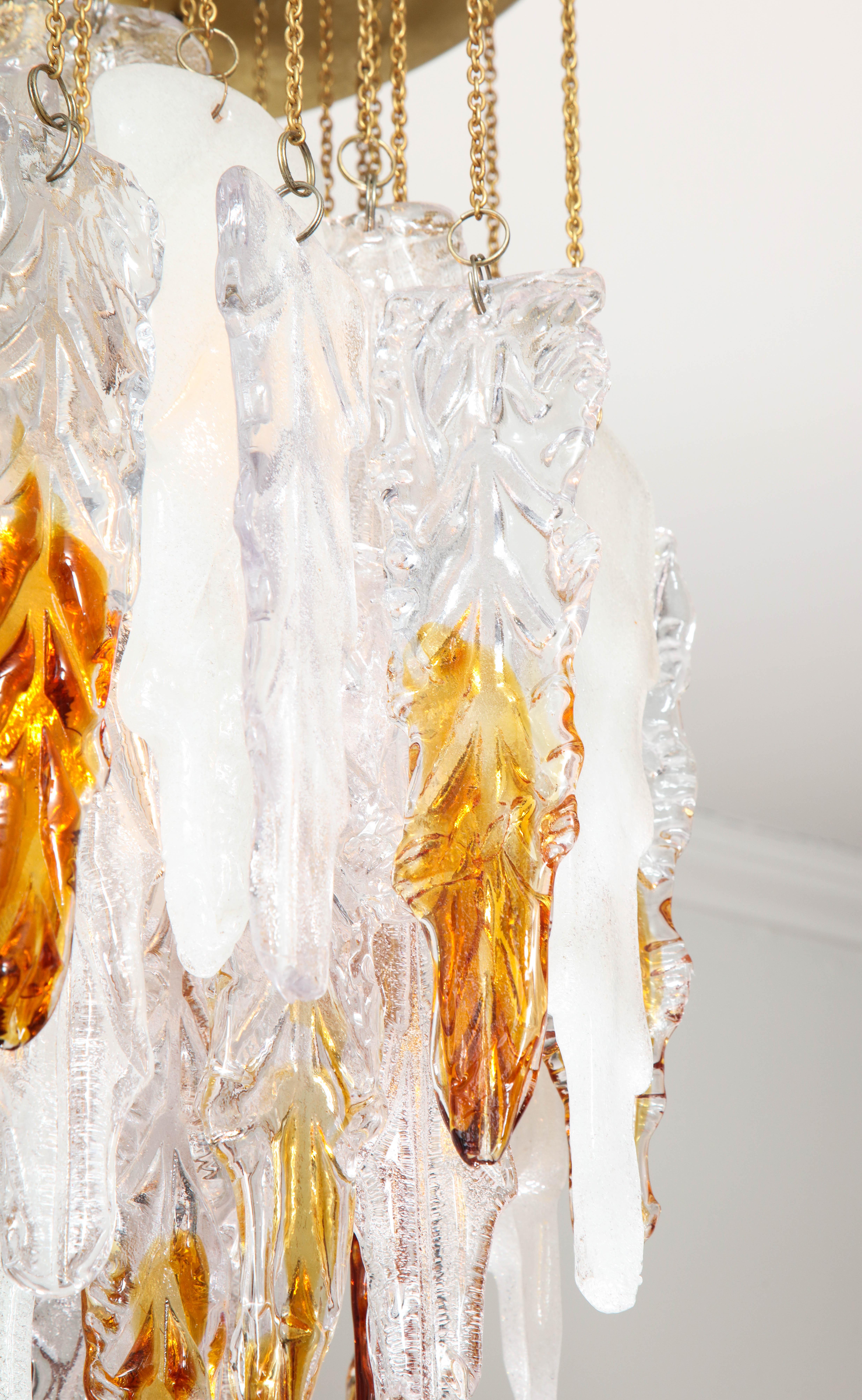 Brass Vintage Albano Poli Clear, Frost and Amber Poliarte Leaf Glass Chandelier For Sale