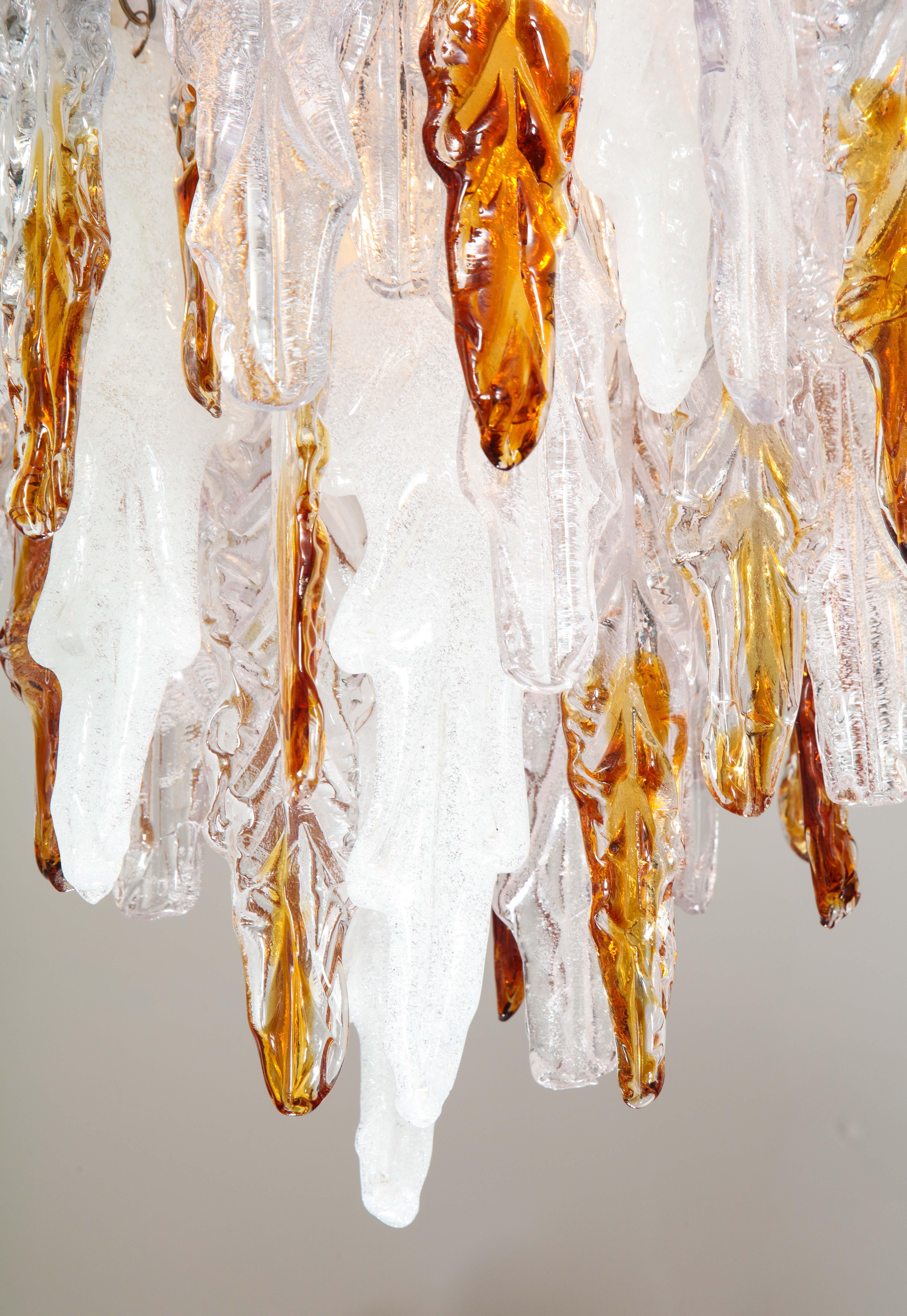 Vintage Albano Poli Clear, Frost and Amber Poliarte Leaf Glass Chandelier For Sale 1