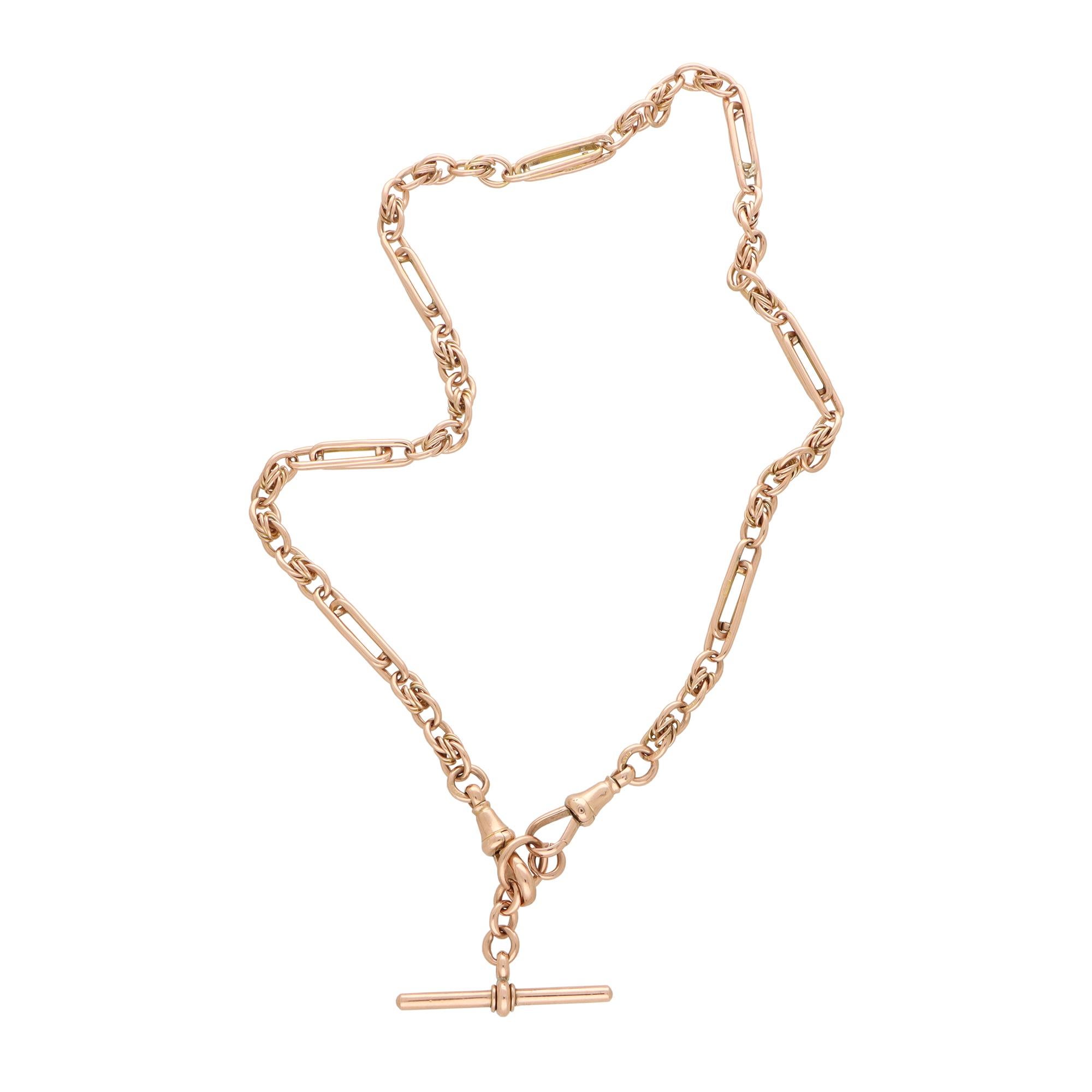 Victorian Vintage Albert Chain Necklace in 9k Rose Gold For Sale