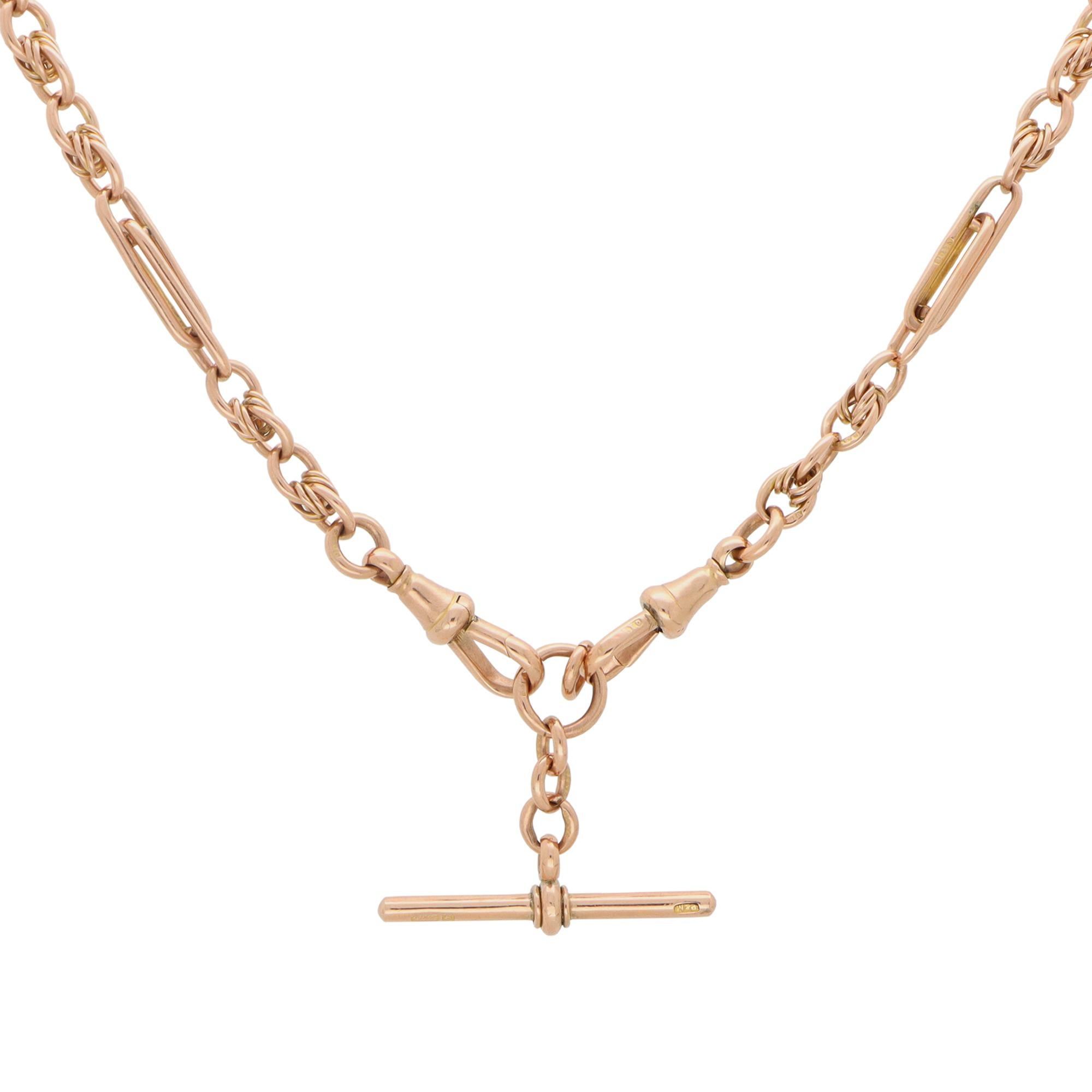 Vintage Albert Chain Necklace in 9k Rose Gold In Excellent Condition For Sale In London, GB