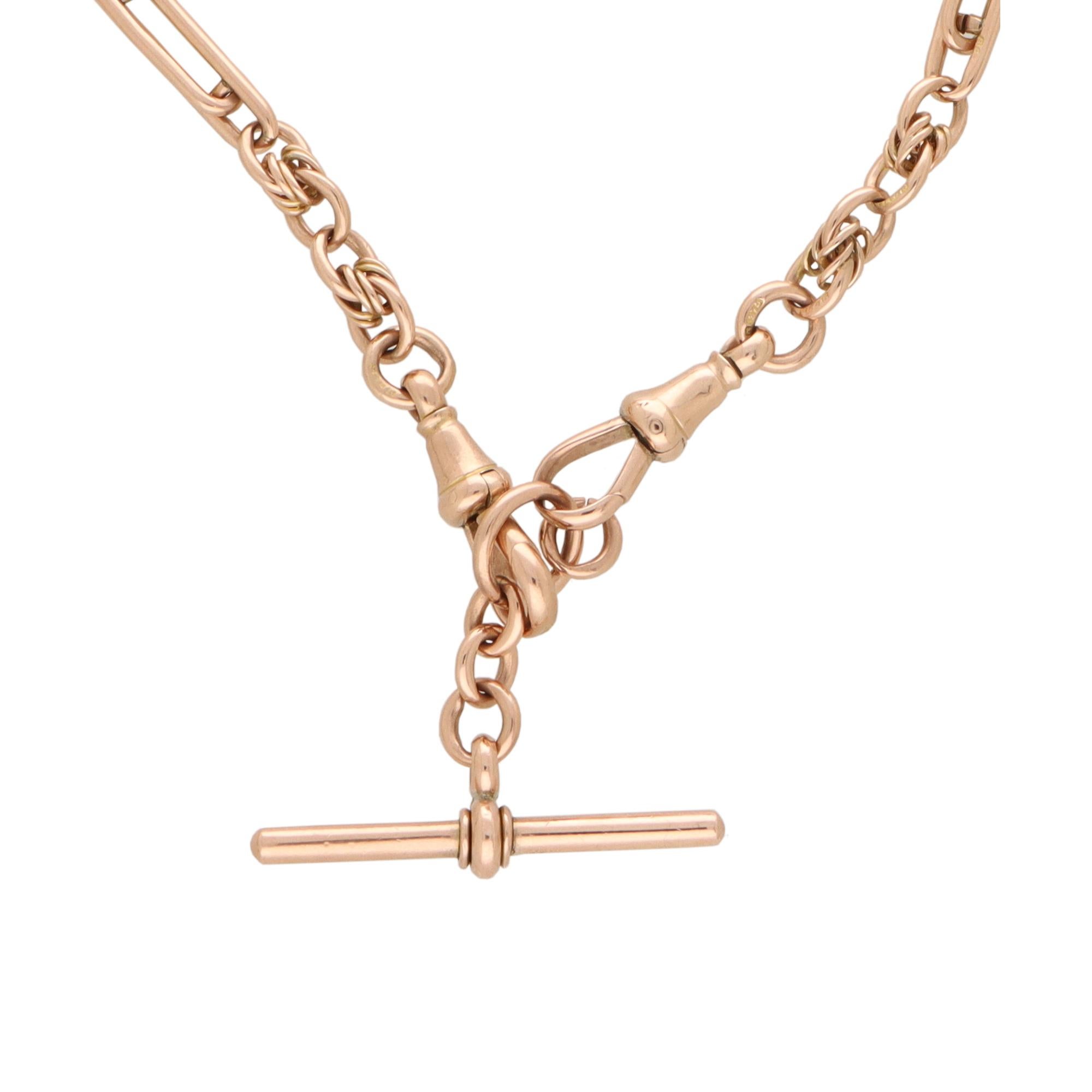 Women's or Men's Vintage Albert Chain Necklace in 9k Rose Gold For Sale