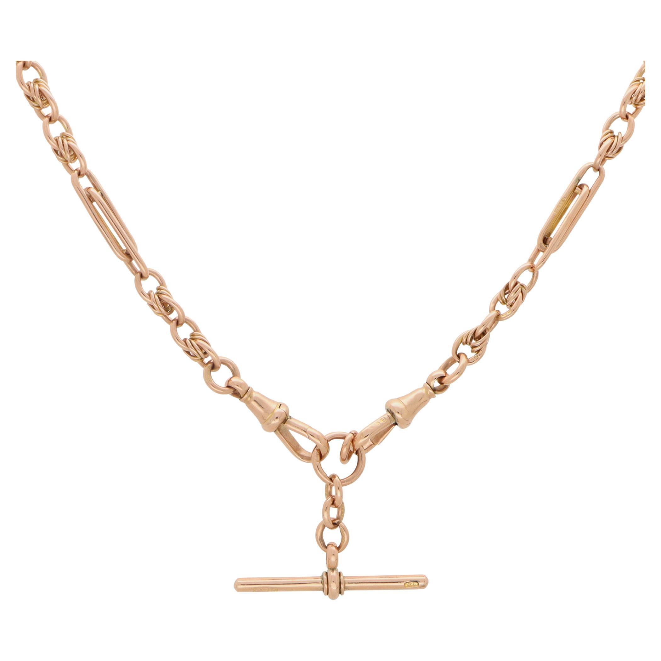 Vintage Albert Chain Necklace in 9k Rose Gold For Sale