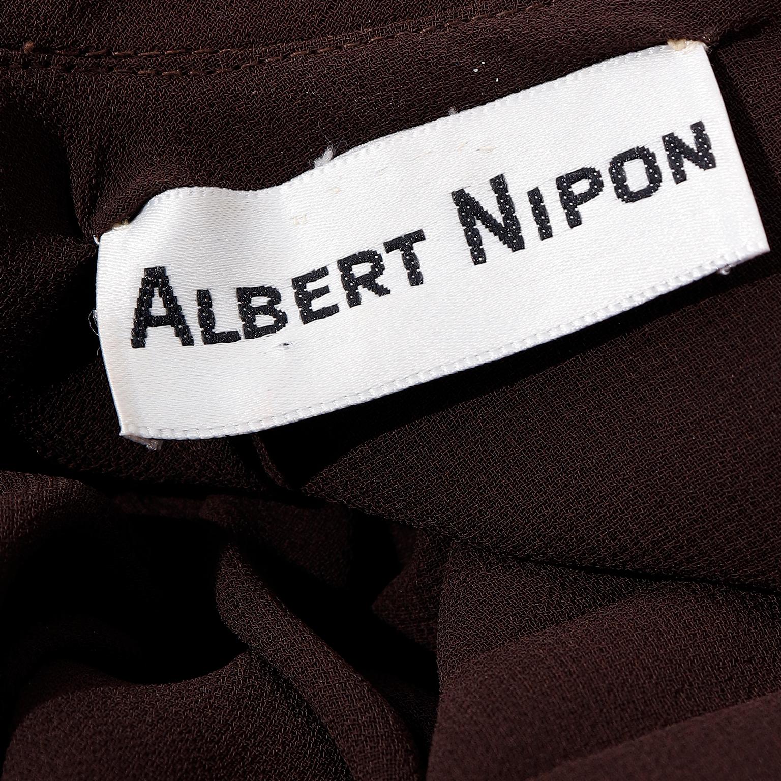 Vintage Albert Nipon 1970s Pleated Brown Semi Sheer Dress With Bow For Sale 6
