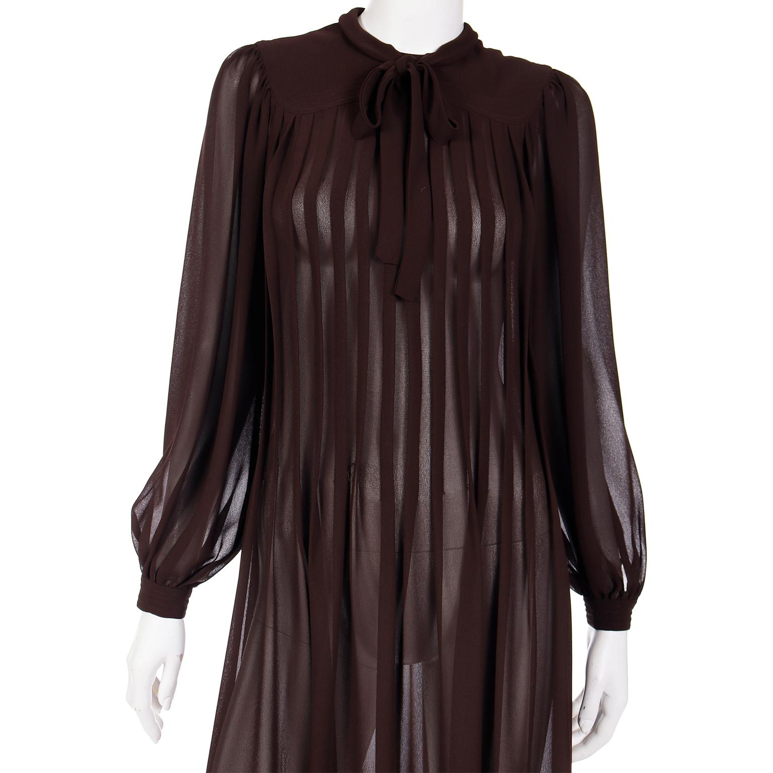 Vintage Albert Nipon 1970s Pleated Brown Semi Sheer Dress With Bow In Excellent Condition For Sale In Portland, OR