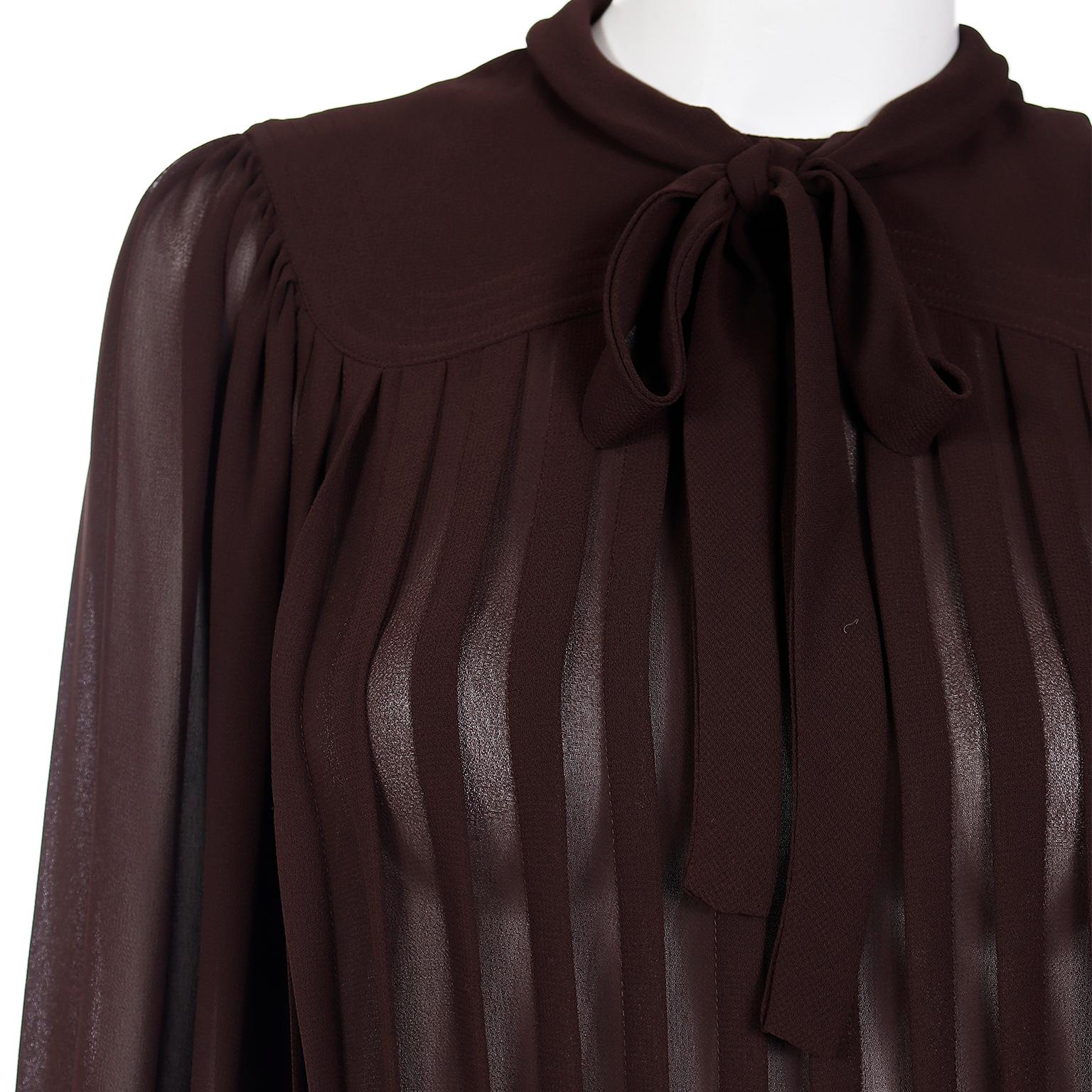 Vintage Albert Nipon 1970s Pleated Brown Semi Sheer Dress With Bow In Excellent Condition In Portland, OR