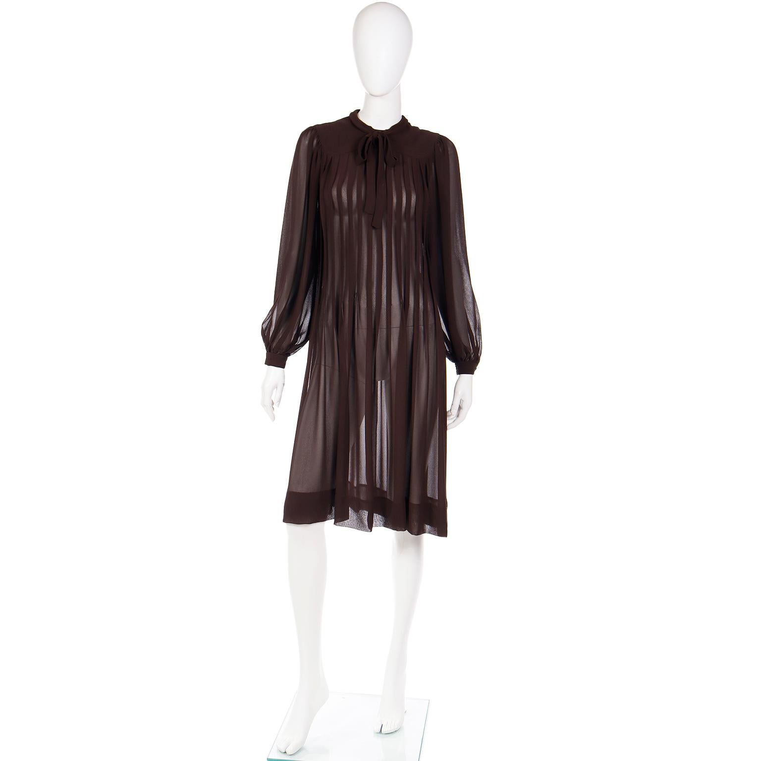 Vintage Albert Nipon 1970s Pleated Brown Semi Sheer Dress With Bow For Sale 1