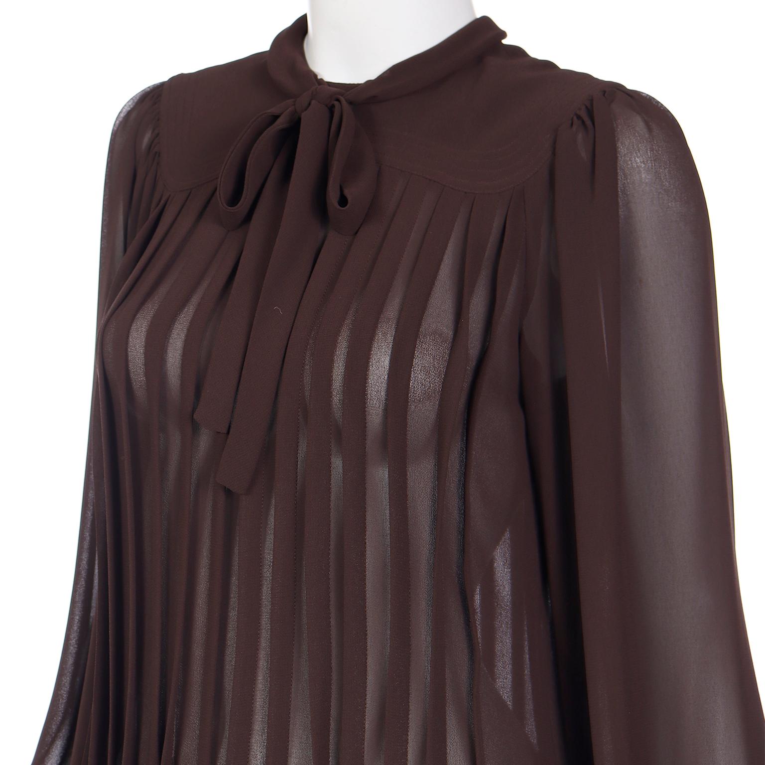 Vintage Albert Nipon 1970s Pleated Brown Semi Sheer Dress With Bow For Sale 2