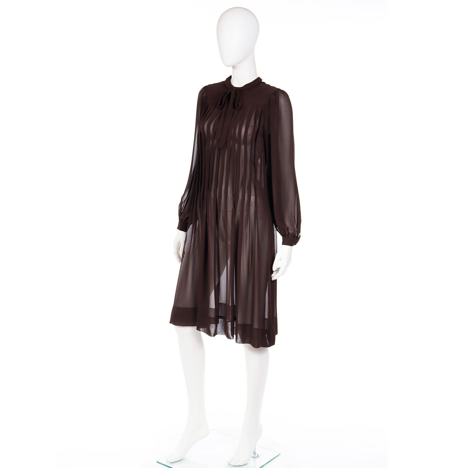 Vintage Albert Nipon 1970s Pleated Brown Semi Sheer Dress With Bow For Sale 3