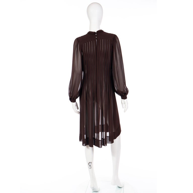 Vintage Albert Nipon 1970s Pleated Brown Semi Sheer Dress With Bow For Sale 4