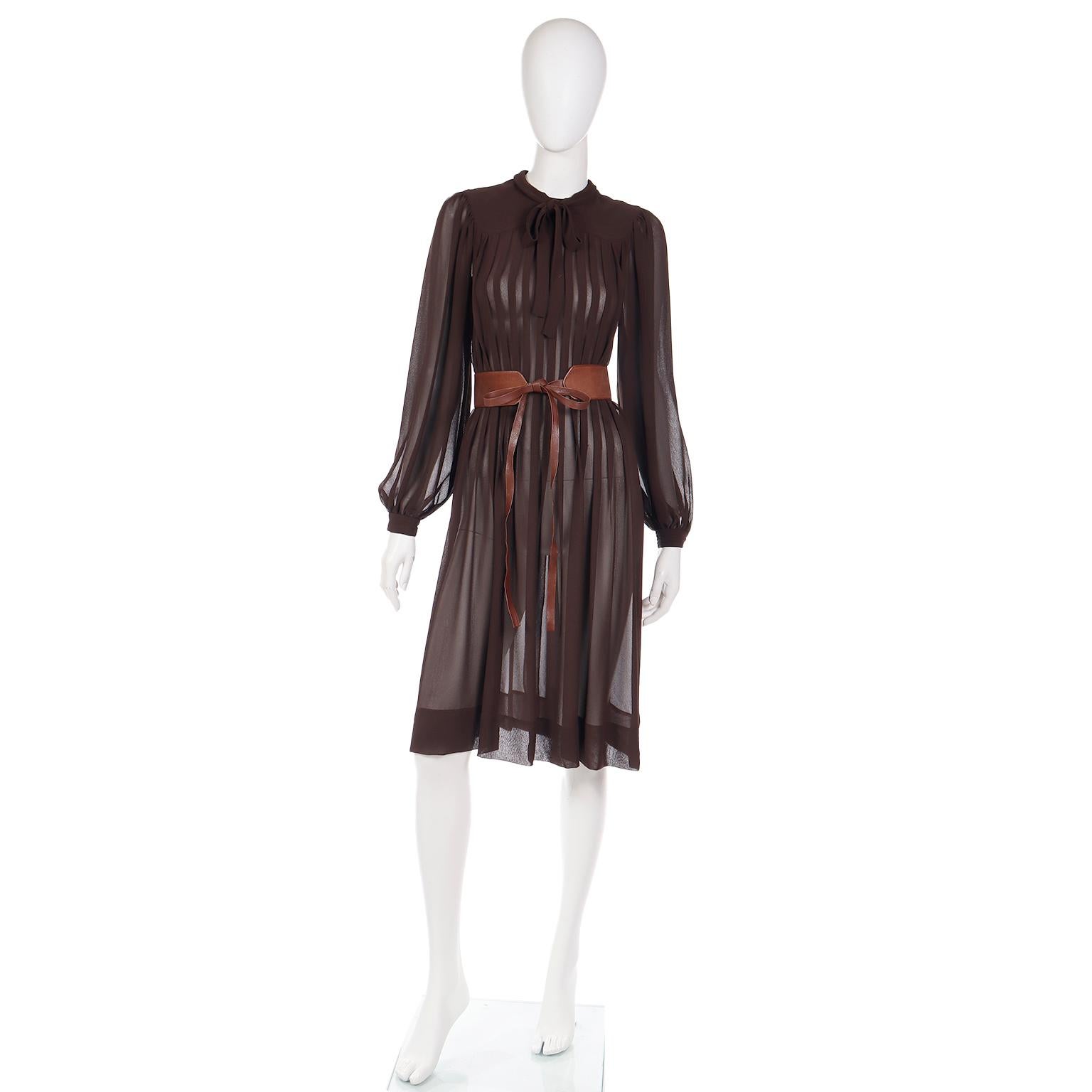 Vintage Albert Nipon 1970s Pleated Brown Semi Sheer Dress With Bow For Sale 5