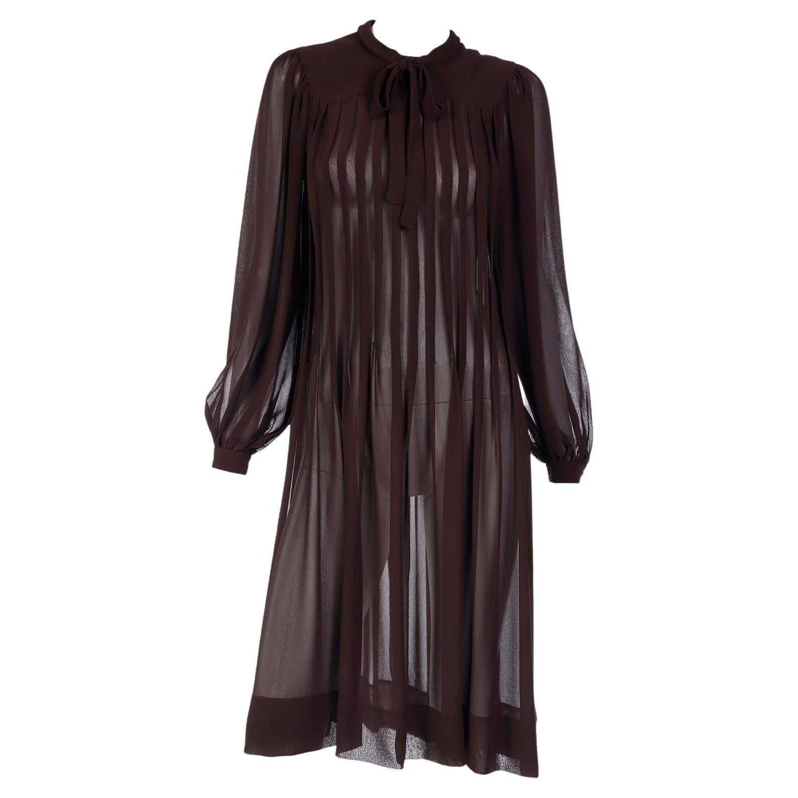 Vintage Albert Nipon 1970s Pleated Brown Semi Sheer Dress With Bow For Sale