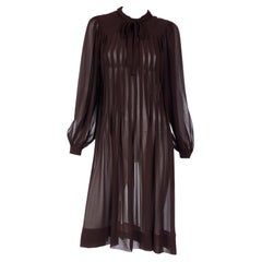 Vintage Albert Nipon 1970s Pleated Brown Semi Sheer Dress With Bow