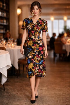 Vintage Albert Nipon 1990s Black Silk Floral Print Dress US Size 10