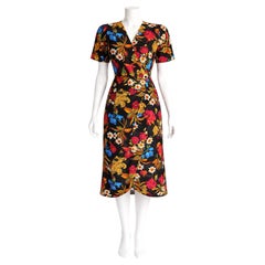 Vintage Albert Nipon 1990s Black Silk Floral Print Dress US Size 10