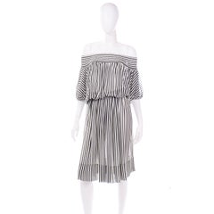 Vintage Albert Nipon Black and White Stripe Silk Dress Off Shoulder