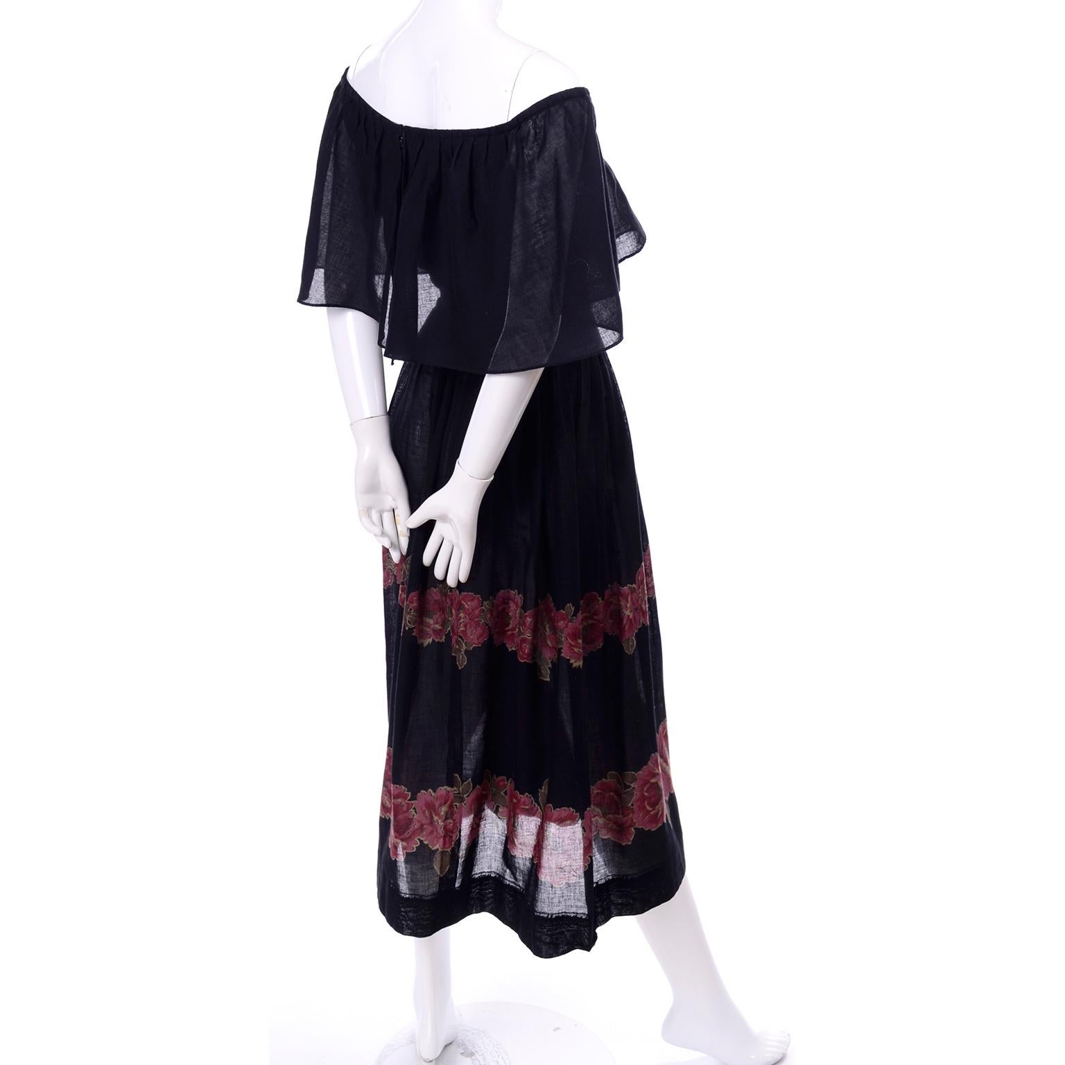 Vintage Albert Nipon Black Off Shoulder Cotton Voile Dress With Red Rose Print In Excellent Condition In Portland, OR