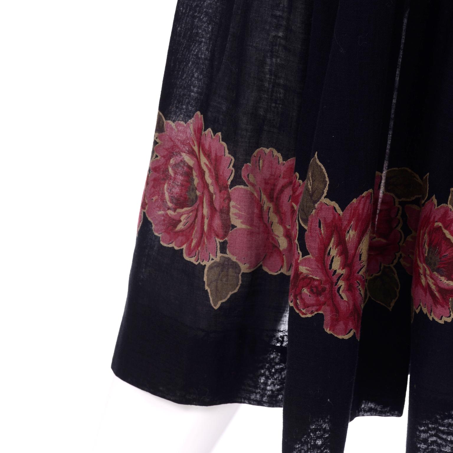 Women's Vintage Albert Nipon Black Off Shoulder Cotton Voile Dress With Red Rose Print
