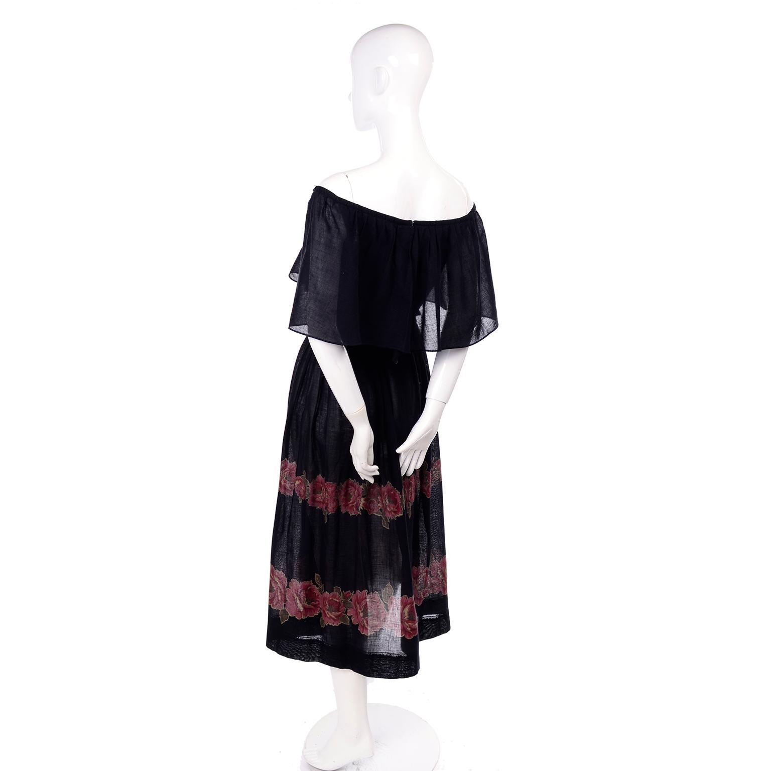 Vintage Albert Nipon Black Off Shoulder Cotton Voile Dress With Red Rose Print 1