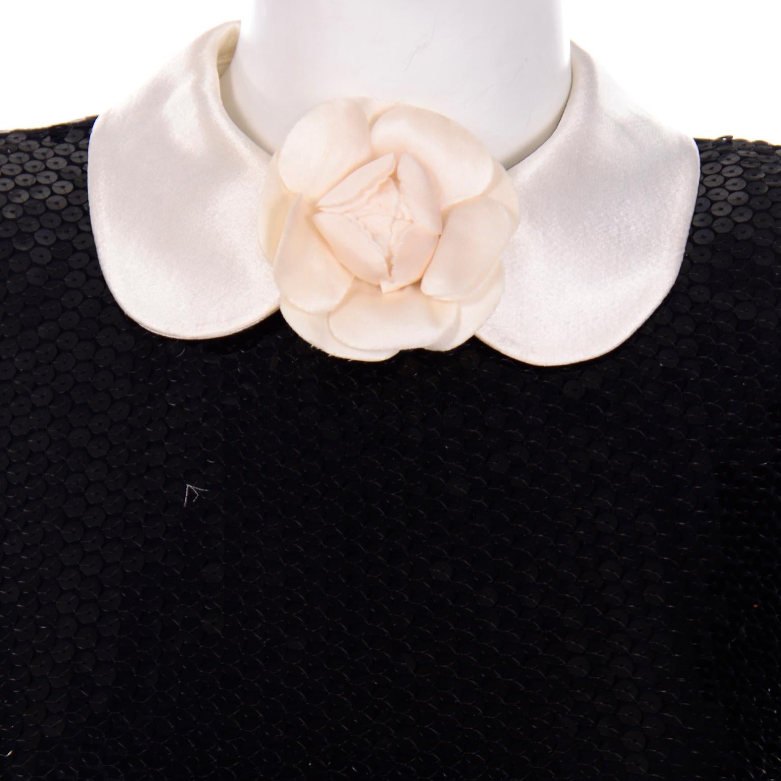 Vintage Albert Nipon Black Sequin Evening Dress W Removable Ivory Cuffs & Collar 3