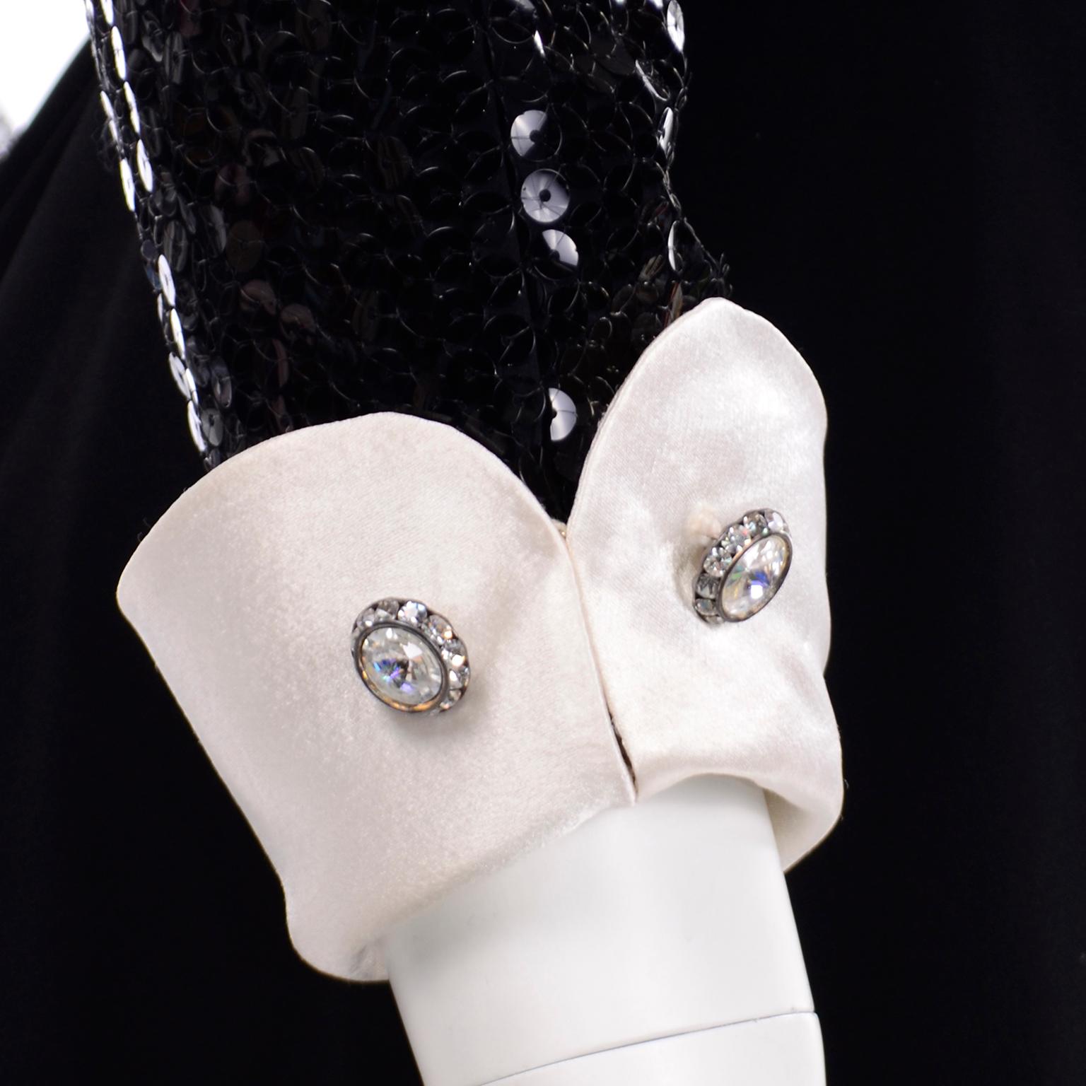 Vintage Albert Nipon Black Sequin Evening Dress W Removable Ivory Cuffs & Collar 4