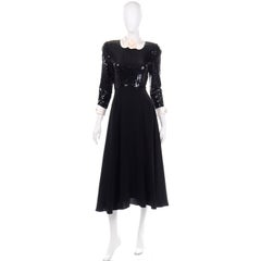 Vintage Albert Nipon Black Sequin Evening Dress W Removable Ivory Cuffs & Collar