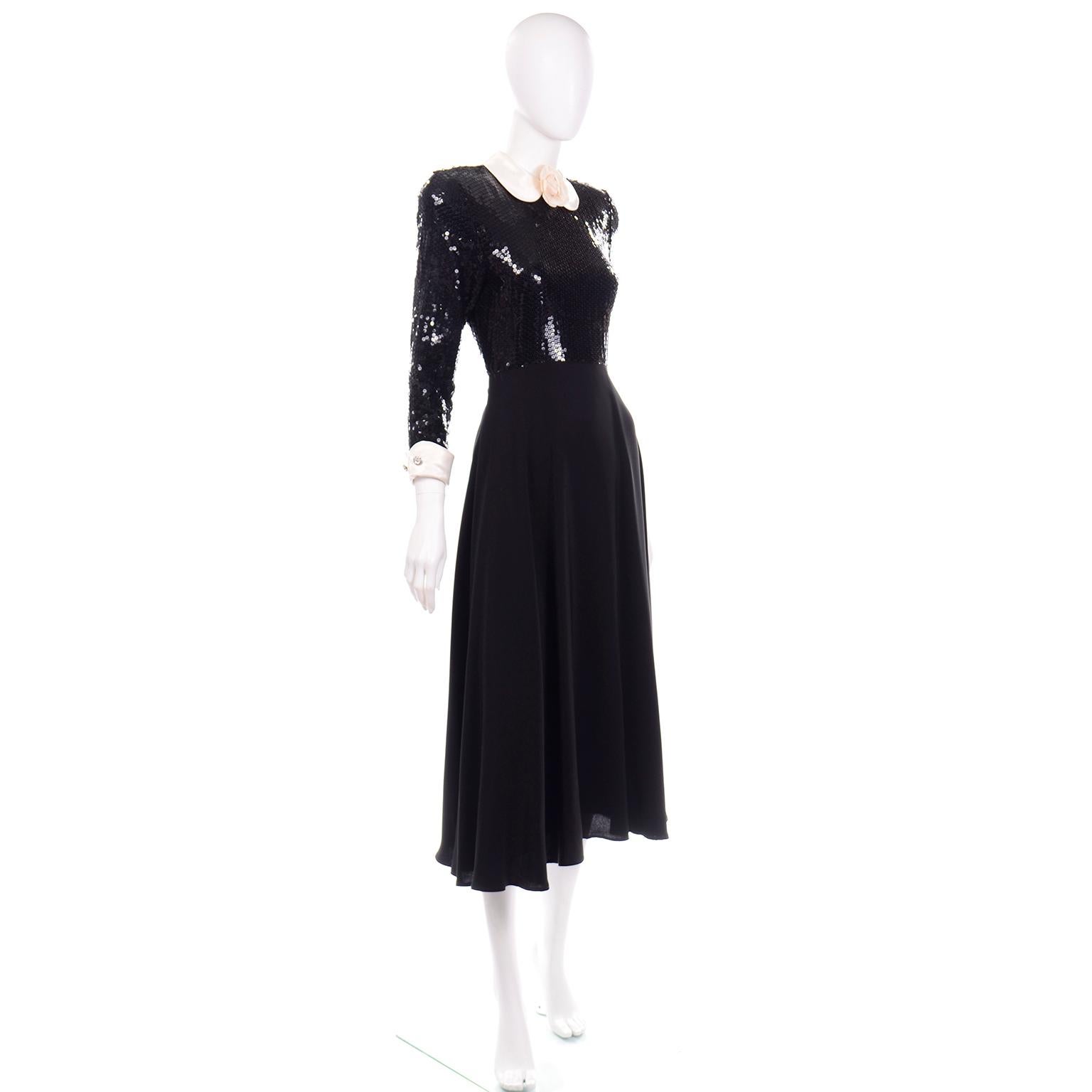 Vintage Albert Nipon Black Sequin Evening Dress W Removable Ivory Cuffs & Collar In Excellent Condition In Portland, OR