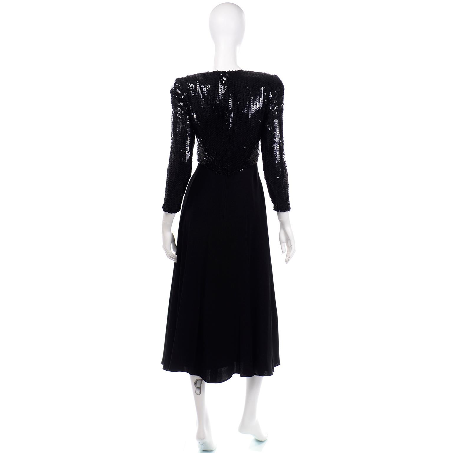 Women's Vintage Albert Nipon Black Sequin Evening Dress W Removable Ivory Cuffs & Collar