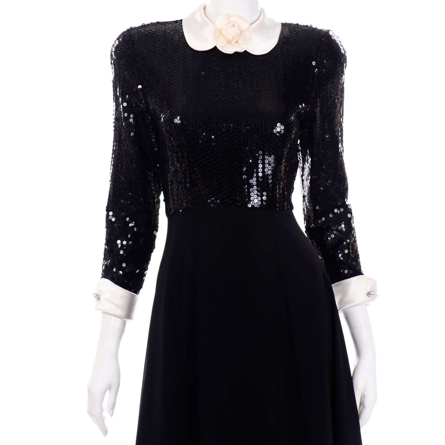 Vintage Albert Nipon Black Sequin Evening Dress W Removable Ivory Cuffs & Collar 1