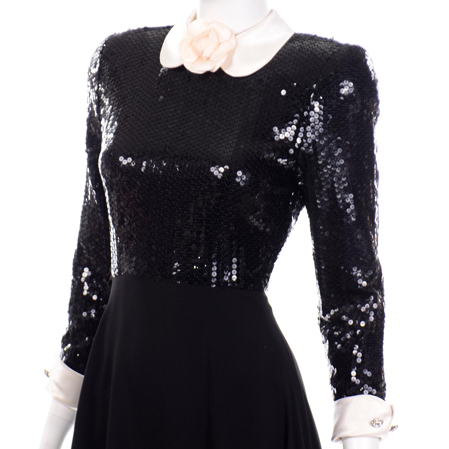 Vintage Albert Nipon Black Sequin Evening Dress W Removable Ivory Cuffs & Collar 2