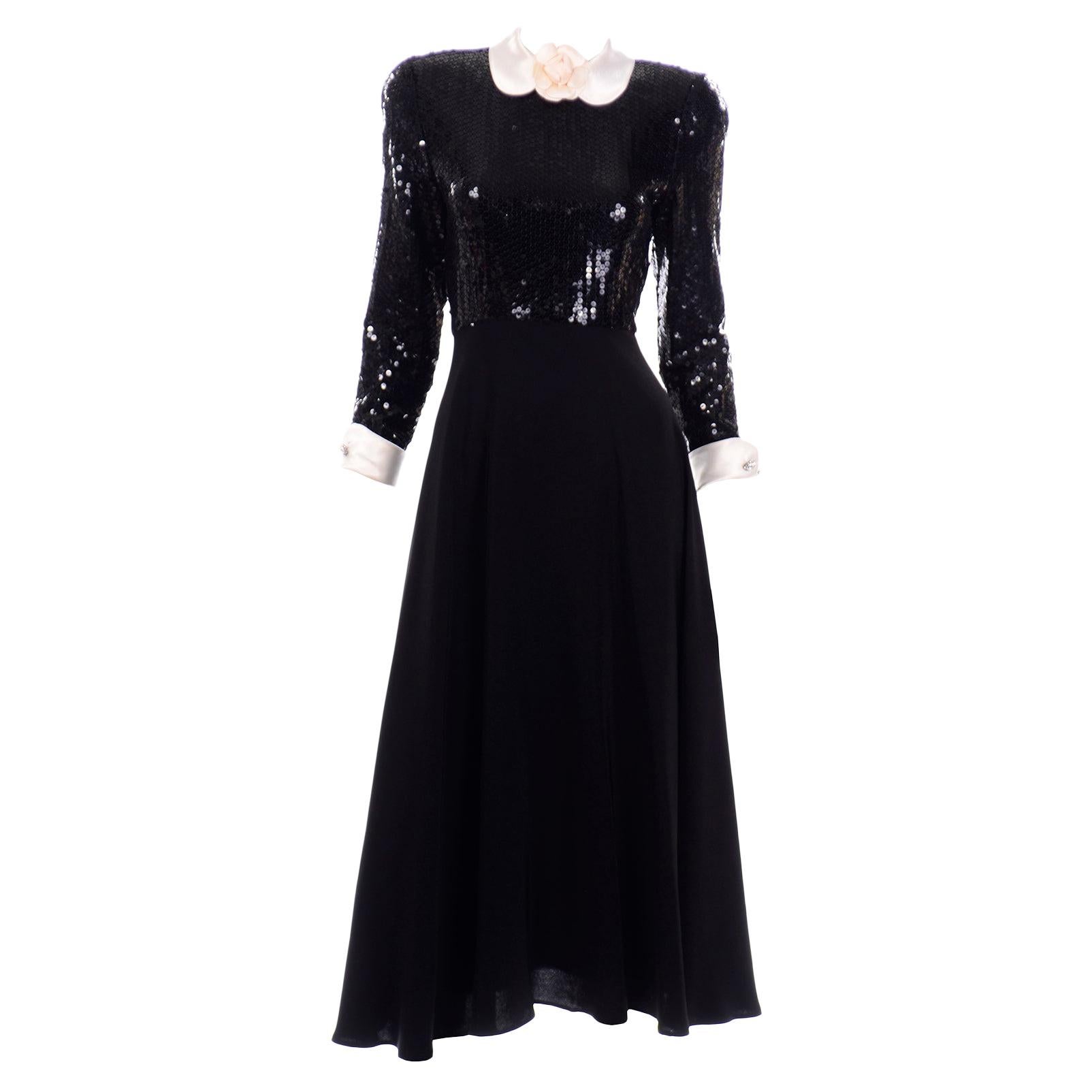 Vintage Albert Nipon Black Sequin Evening Dress W Removable Ivory Cuffs & Collar