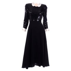 Retro Albert Nipon Black Sequin Evening Dress W Removable Ivory Cuffs & Collar