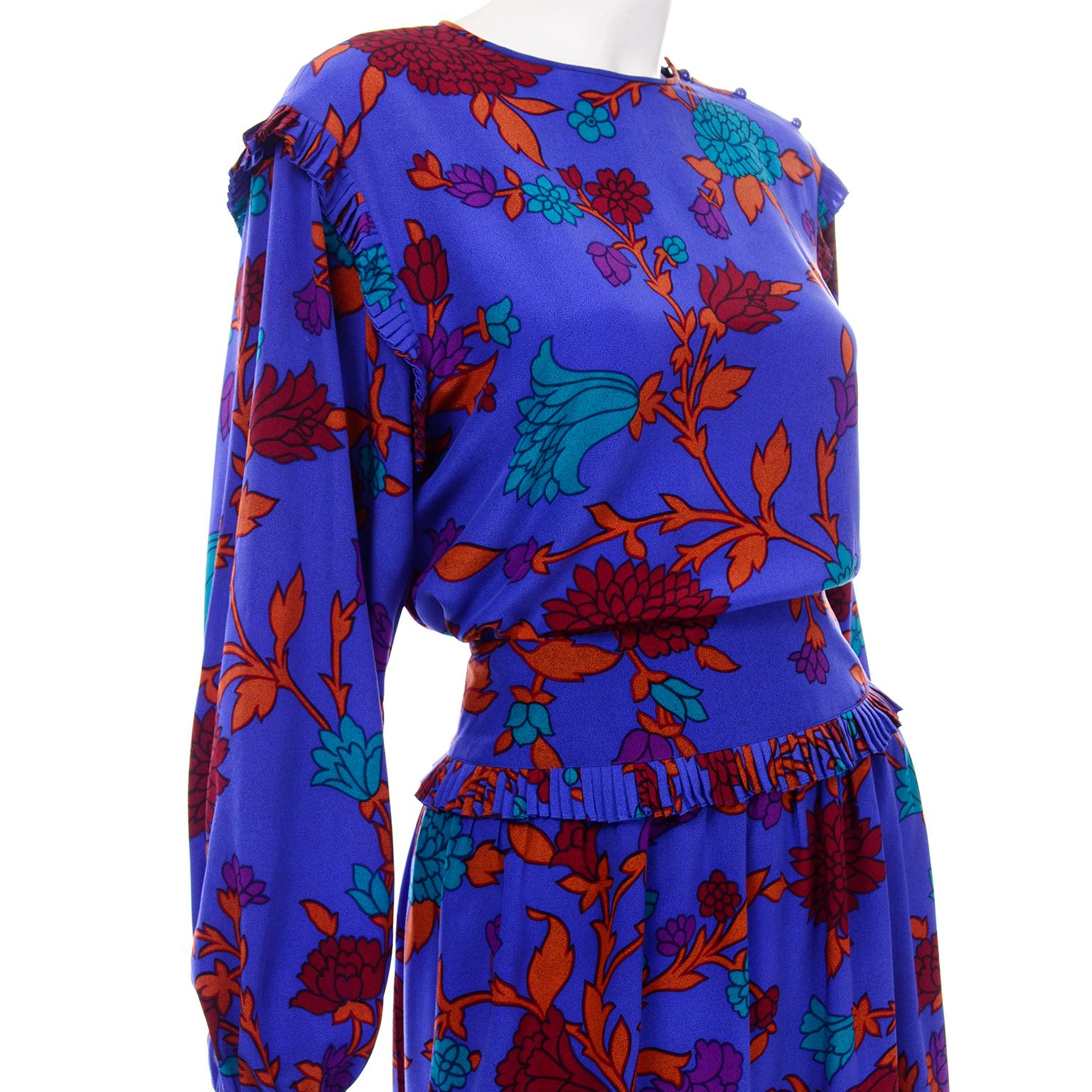 Purple Vintage Albert Nipon Blue Orange & Red Silk Floral Print 2pc Dress For Sale