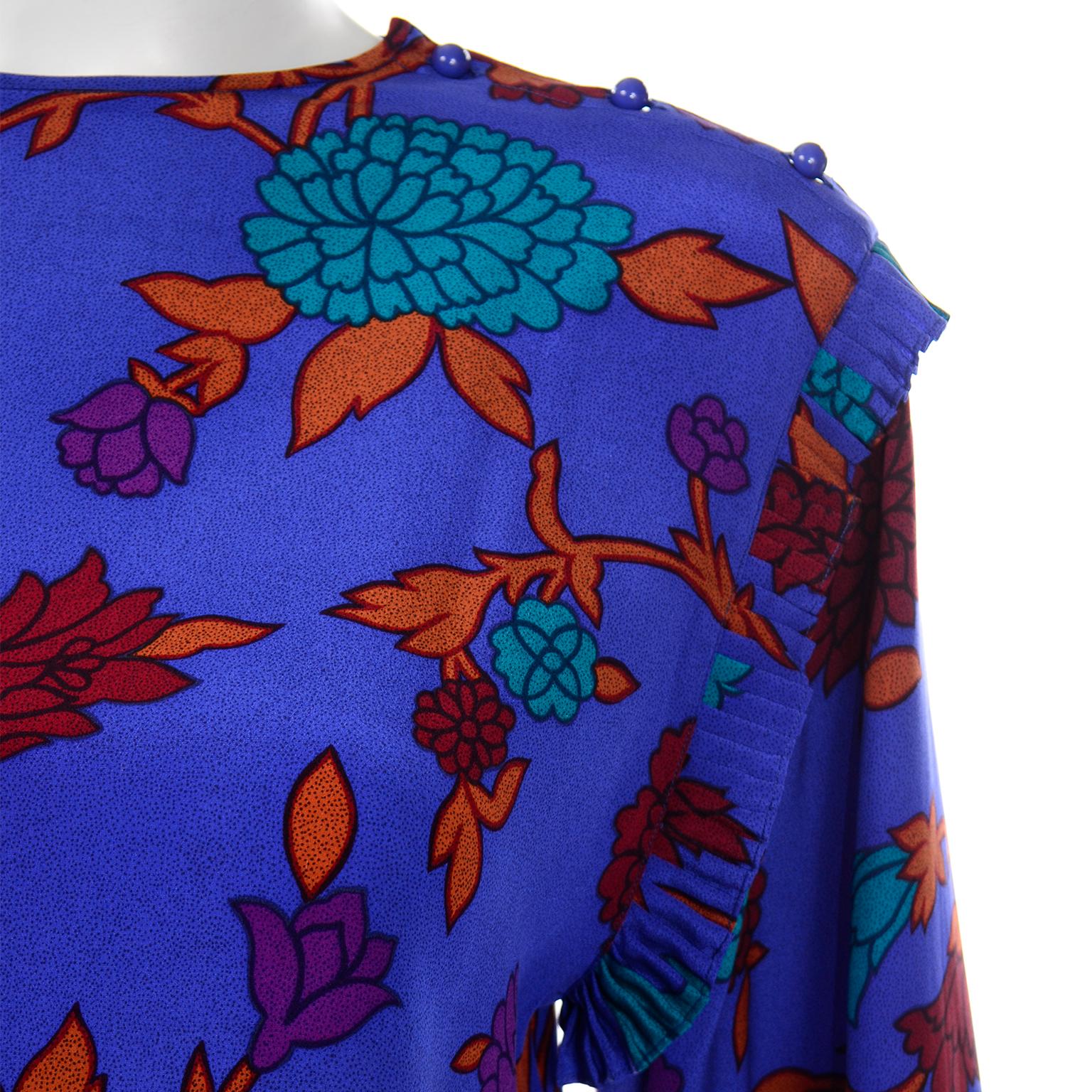 Vintage Albert Nipon Blue Orange & Red Silk Floral Print 2pc Dress In Excellent Condition For Sale In Portland, OR