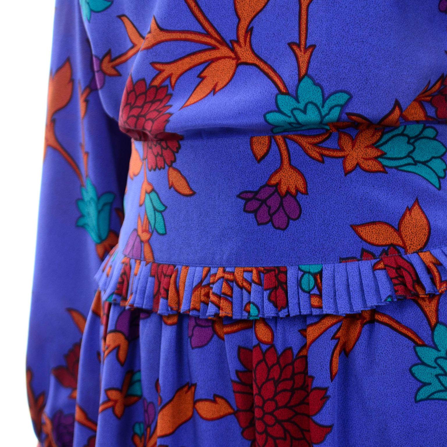 Women's Vintage Albert Nipon Blue Orange & Red Silk Floral Print 2pc Dress For Sale