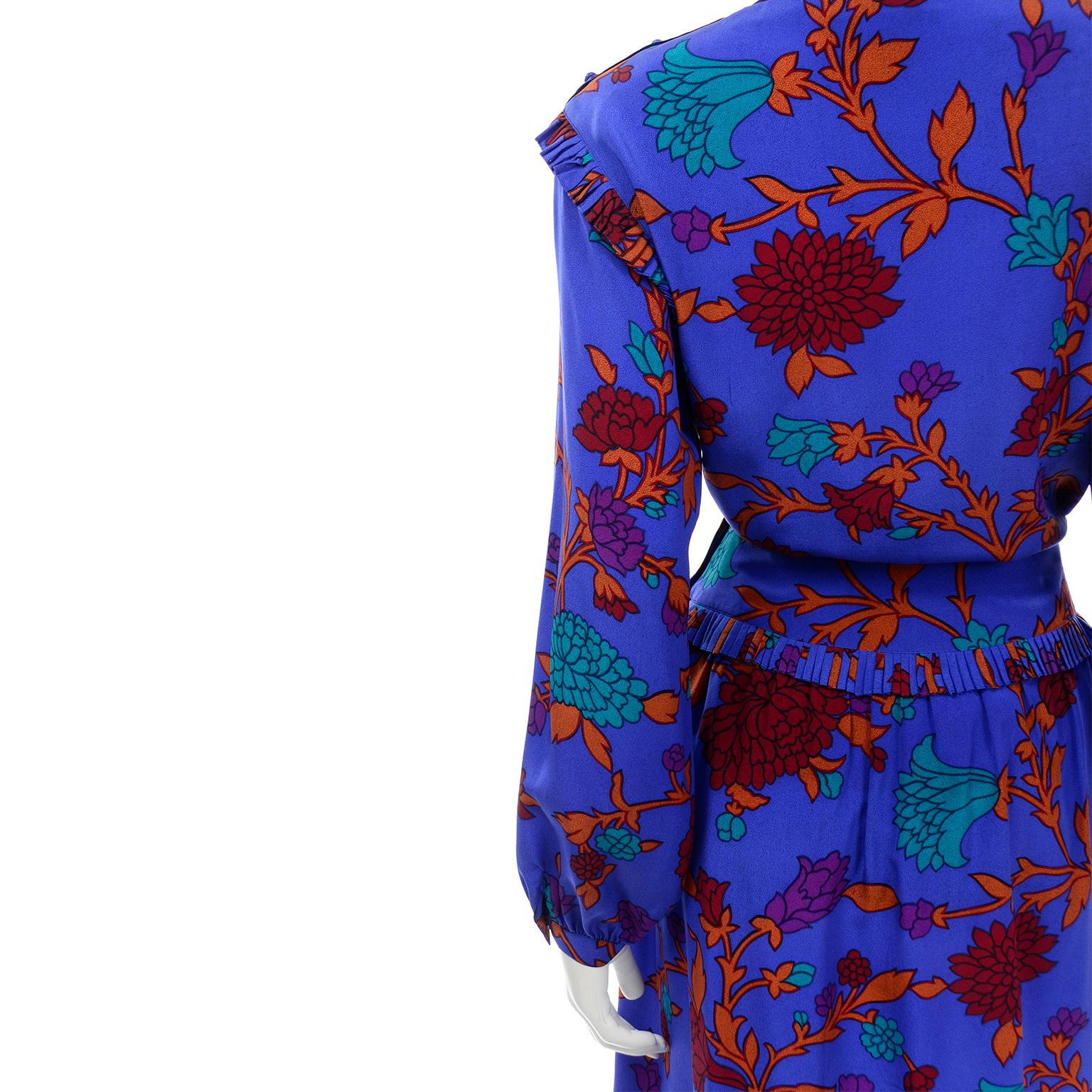 Vintage Albert Nipon Blue Orange & Red Silk Floral Print 2pc Dress For Sale 1