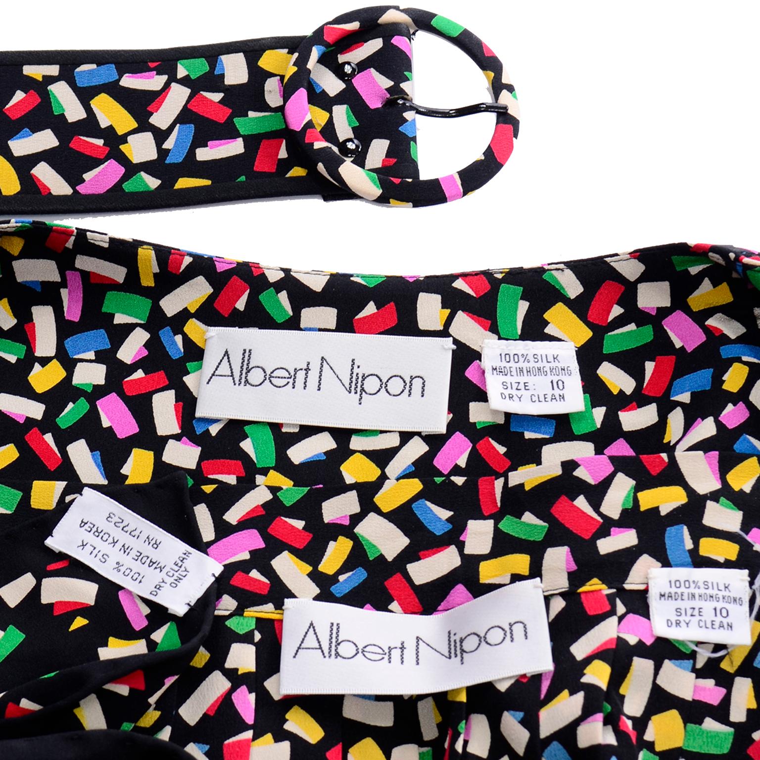 Albert Nipon - Robe 2 pièces vintage en soie à imprimé confettis colorés avec écharpe et ceinture en vente 7
