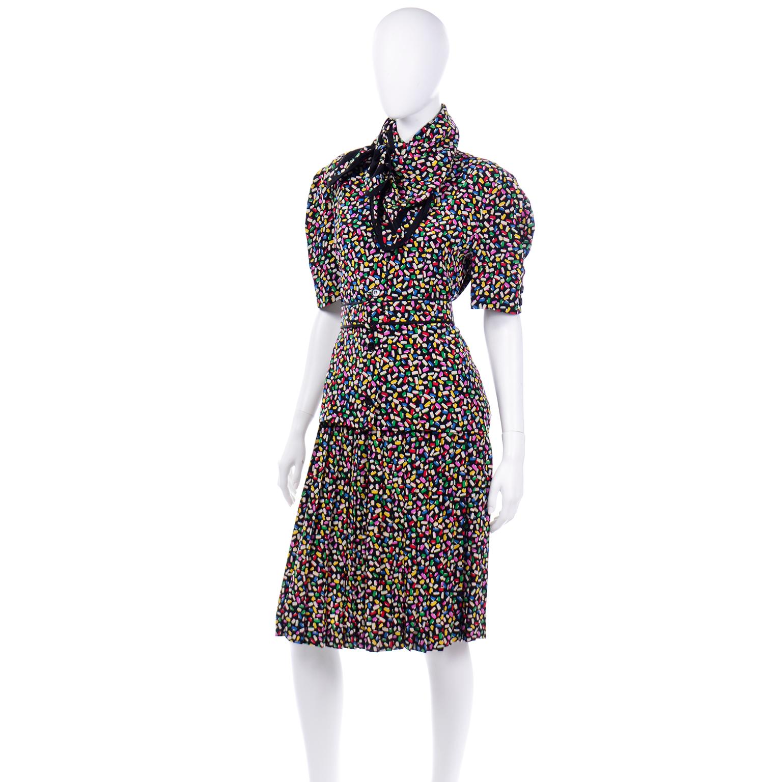 Black Vintage Albert Nipon Colorful Confetti Print Silk 2pc Dress With Scarf & Belt For Sale