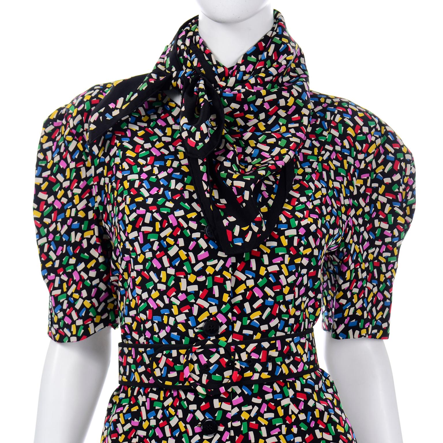 Vintage Albert Nipon Colorful Confetti Print Silk 2pc Dress With Scarf & Belt For Sale 1