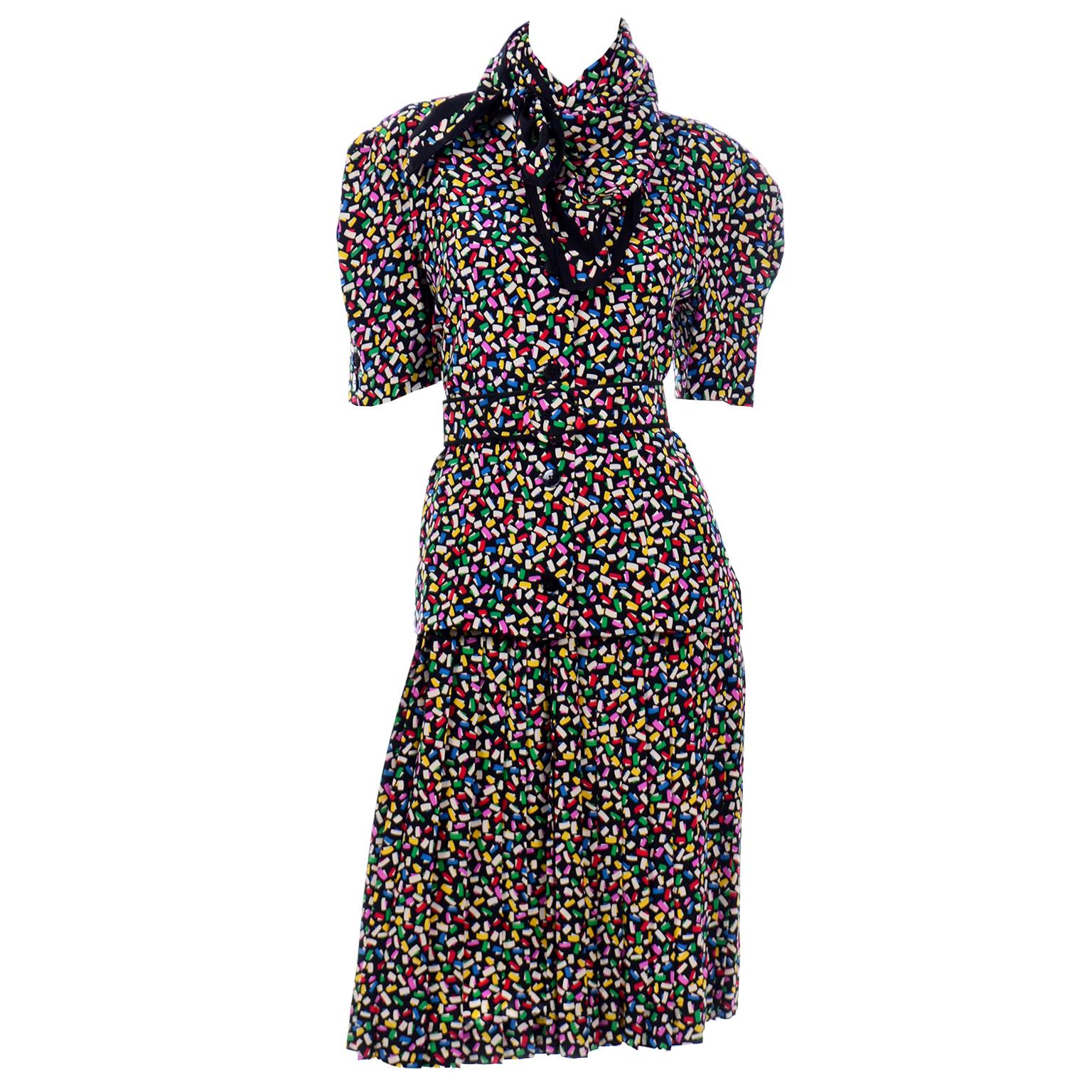 Vintage Albert Nipon Colorful Confetti Print Silk 2pc Dress With Scarf & Belt For Sale