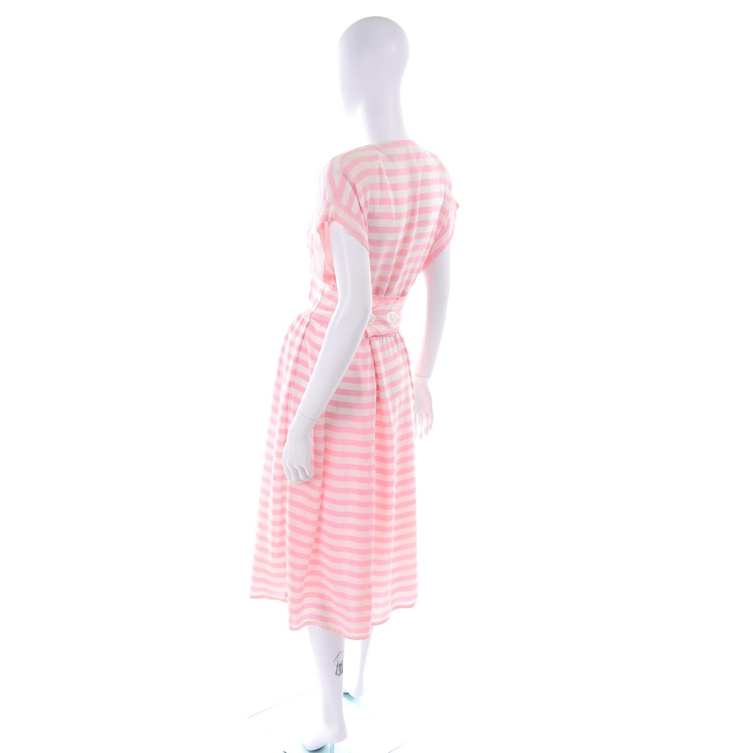 Vintage Albert Nipon Pink & White Striped Silk Dress In Good Condition In Portland, OR