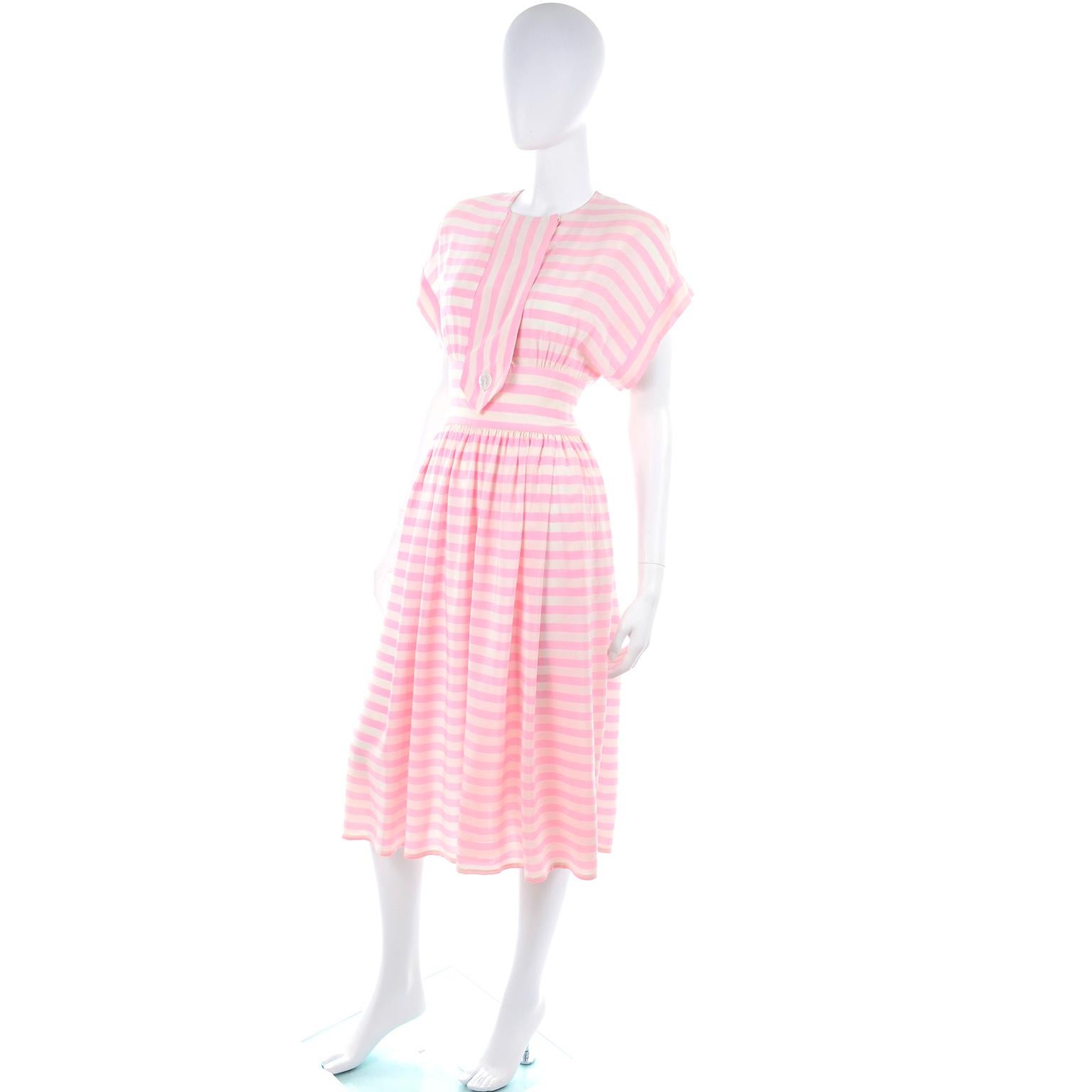 Women's Vintage Albert Nipon Pink & White Striped Silk Dress