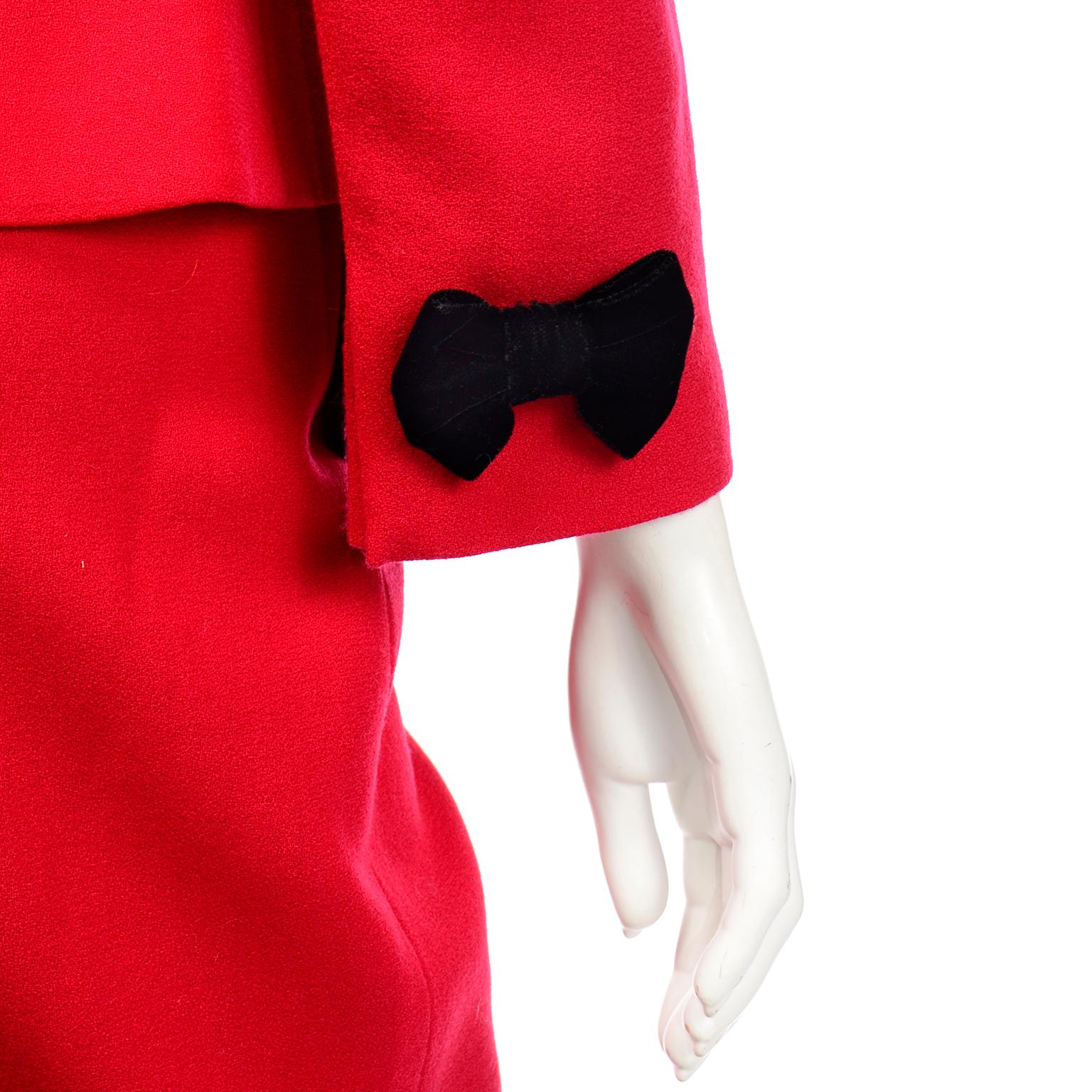 Women's Vintage Albert Nipon Red Wool Skirt & Jacket Suit W Black Velvet Bows Deadstock
