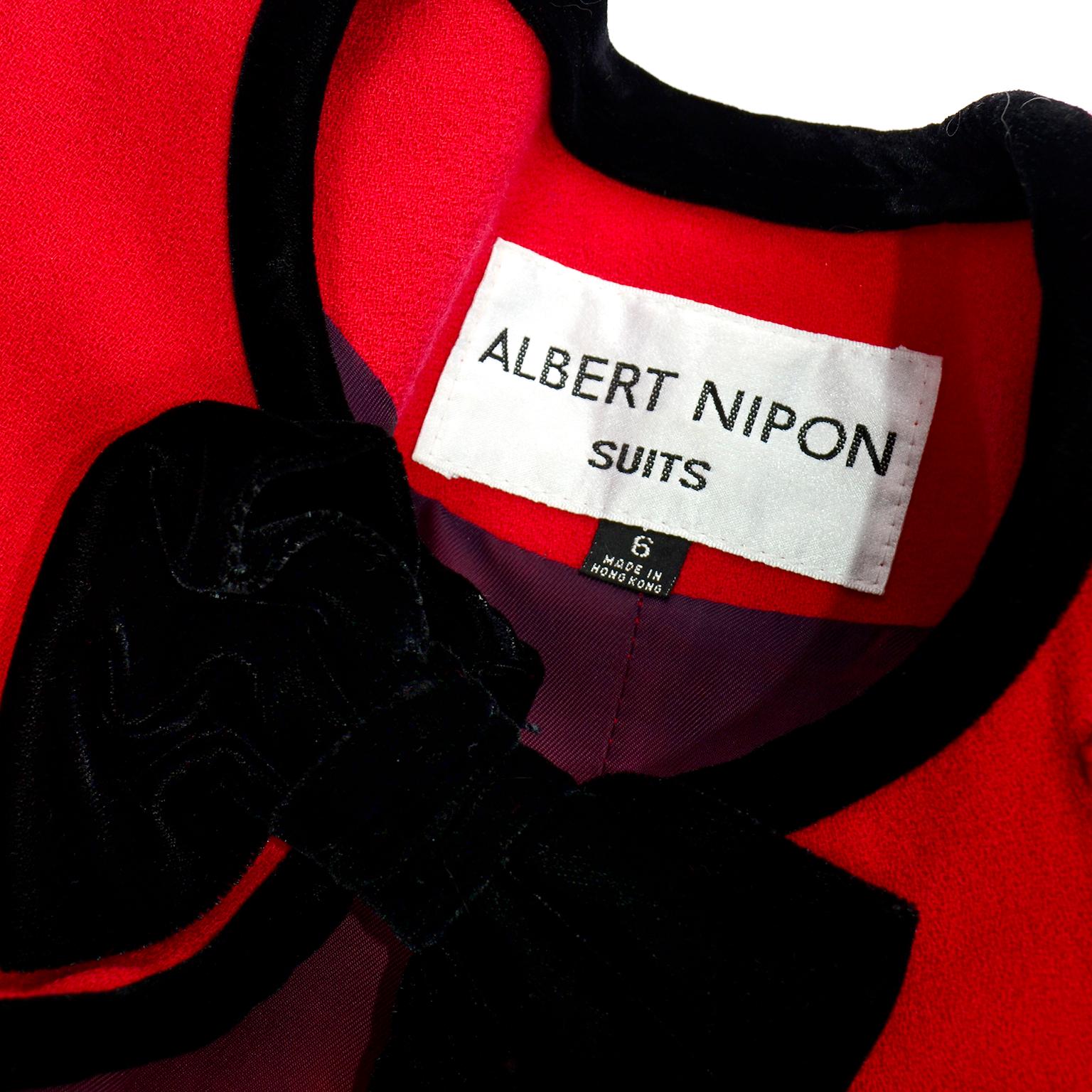 Vintage Albert Nipon Red Wool Skirt & Jacket Suit W Black Velvet Bows Deadstock 1