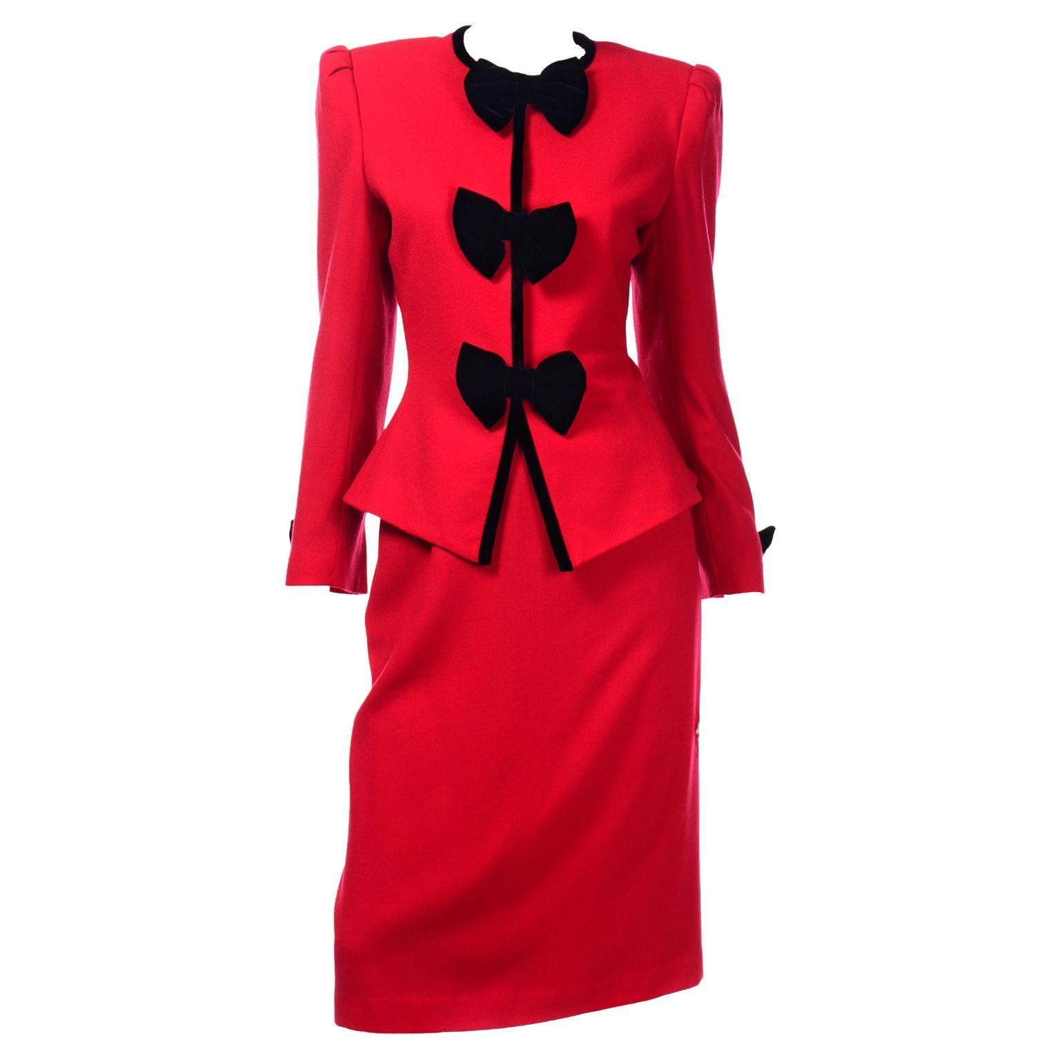 Vintage Albert Nipon Red Wool Skirt & Jacket Suit W Black Velvet Bows Deadstock