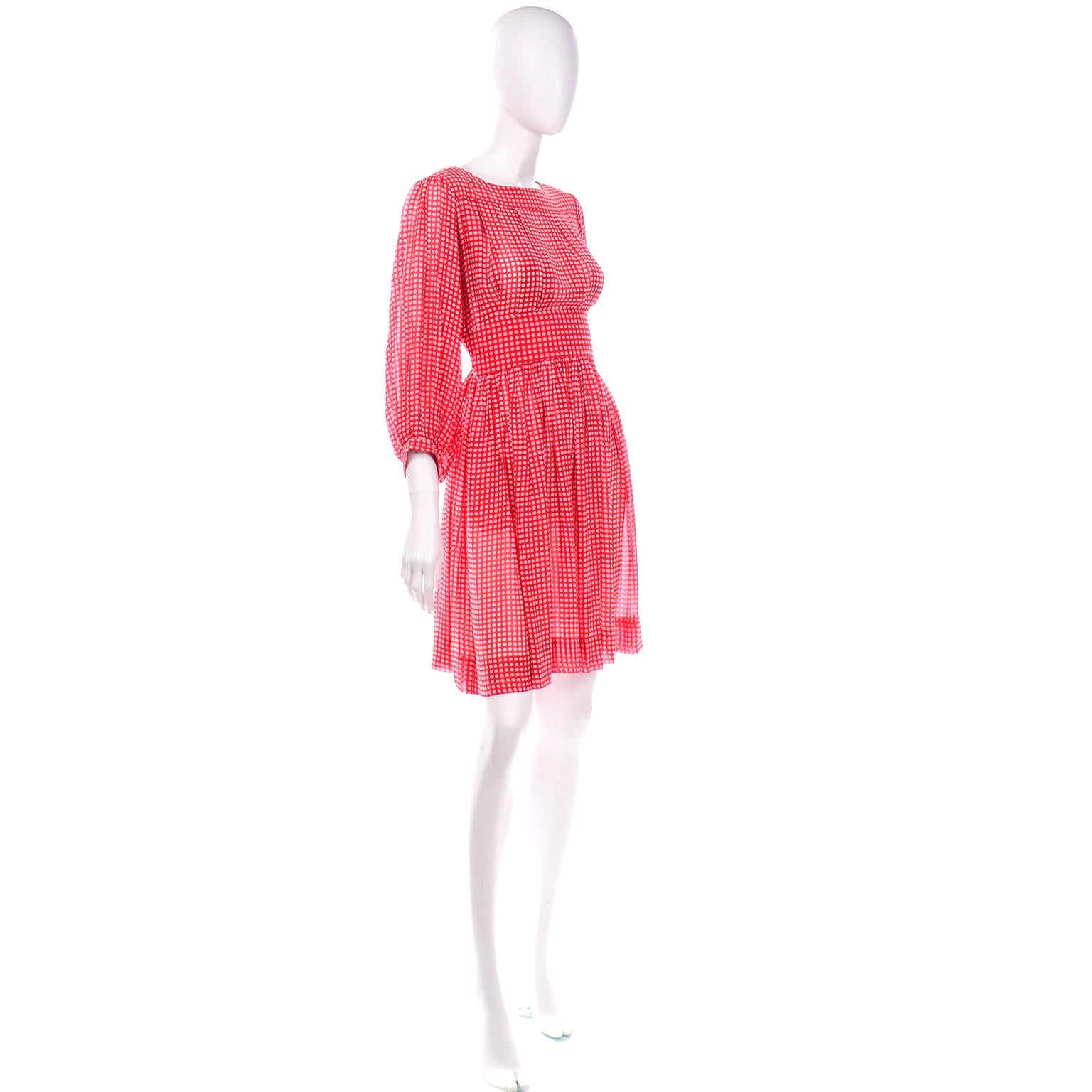 Women's Vintage Albert Nipon Sheer Silk Chiffon Red & White Polka Dot Dress
