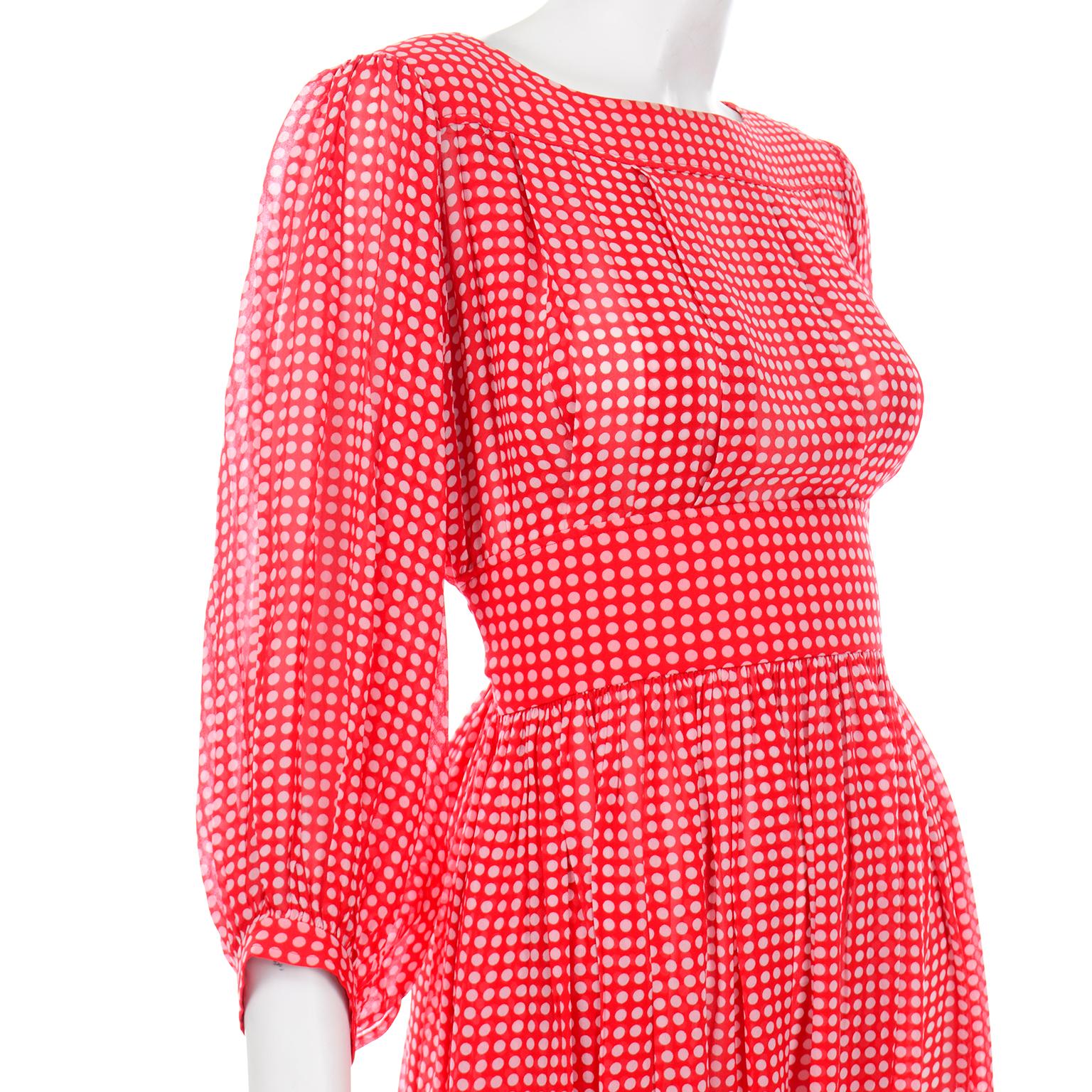 Vintage Albert Nipon Sheer Silk Chiffon Red & White Polka Dot Dress 1