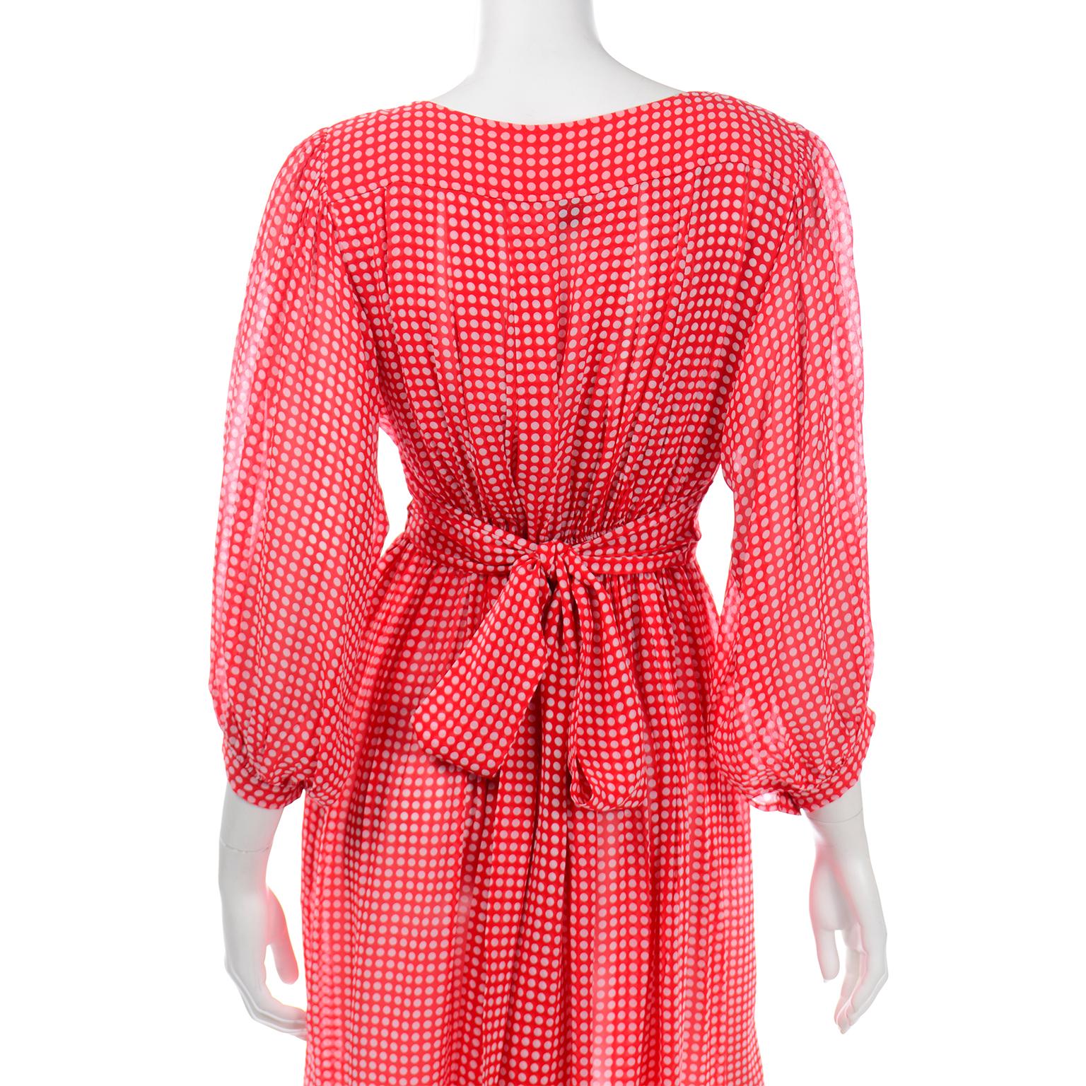 Vintage Albert Nipon Sheer Silk Chiffon Red & White Polka Dot Dress 2